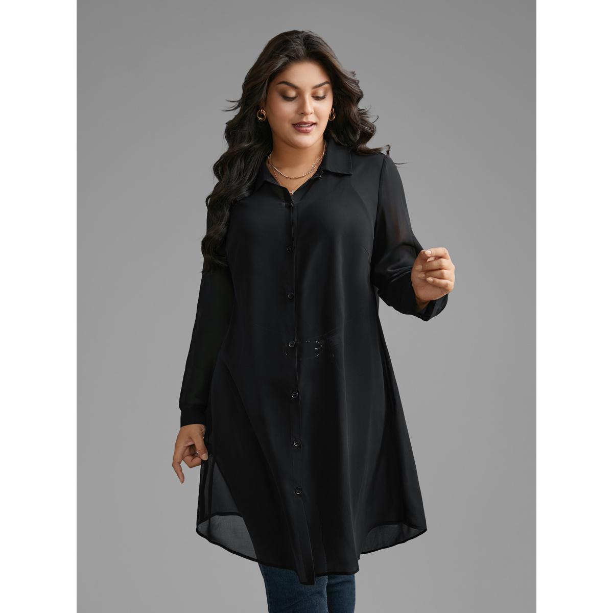 Plus Size Black Chiffon Mesh Pleated Tunic Blouse Women Elegant Long Sleeve Shirt collar Everyday Blouses BloomChic 28/5X Product Image