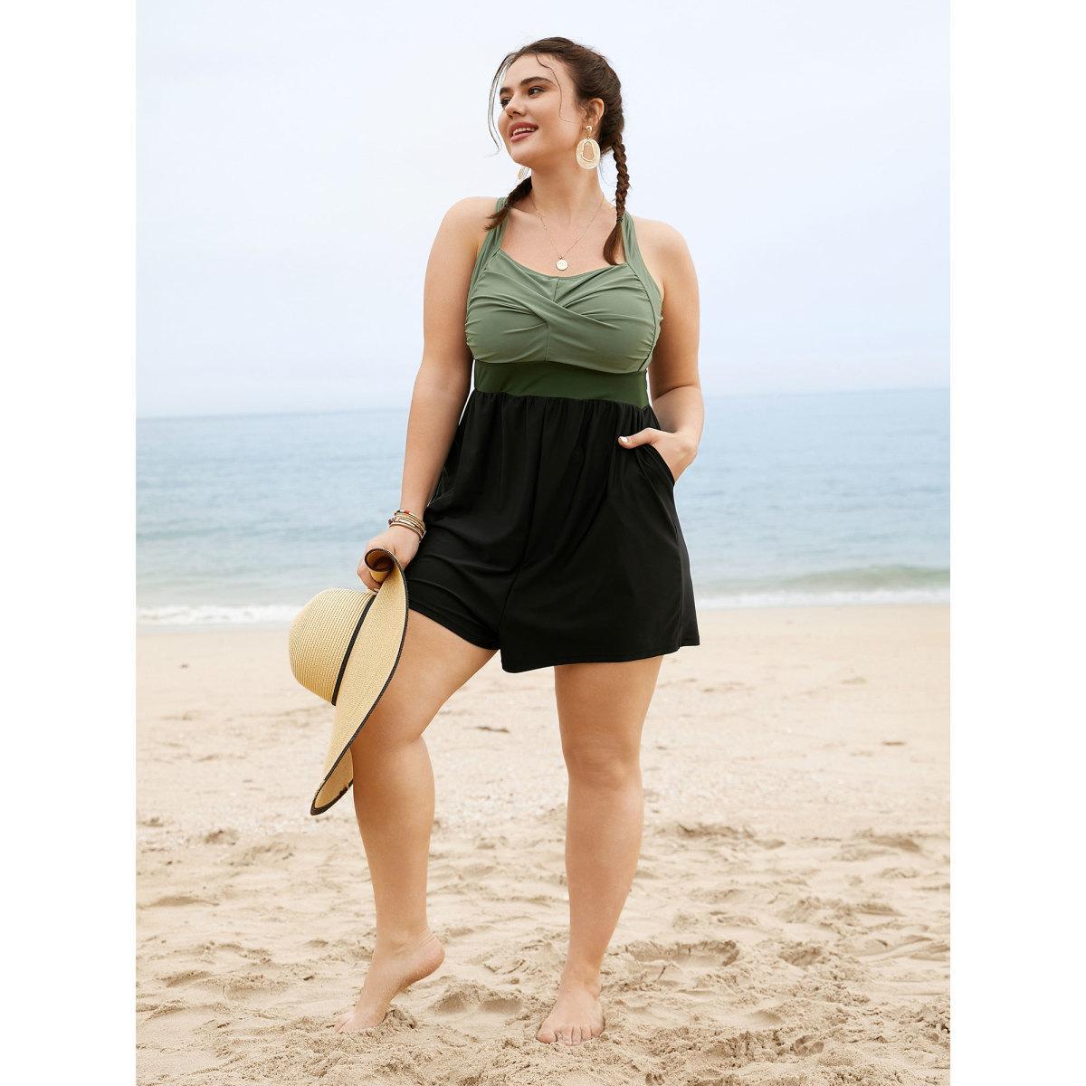 Plus Size Patchwork Contrast Crossover One Piece Swimsuit Women's Swimwear ArmyGreen Beach Twist Curve Bathing Suits High stretch One Pieces BloomChic 10/M Product Image