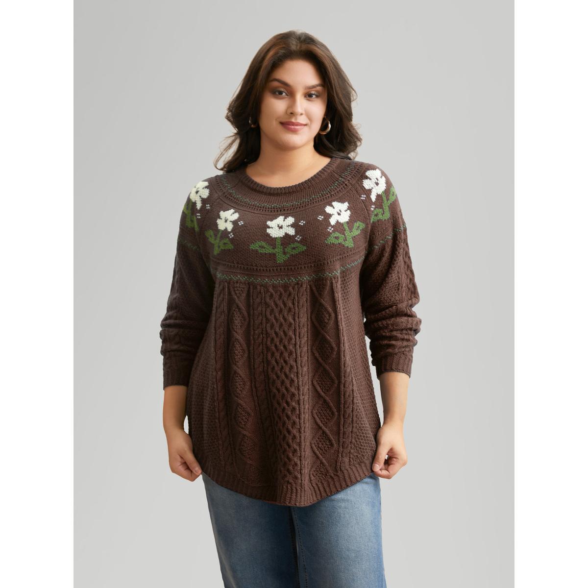 Plus Size Floral Jacquard Raglan Sleeve Pullover Deeppurple Women Casual Long Sleeve Round Neck Everyday Pullovers BloomChic 30/6X Product Image