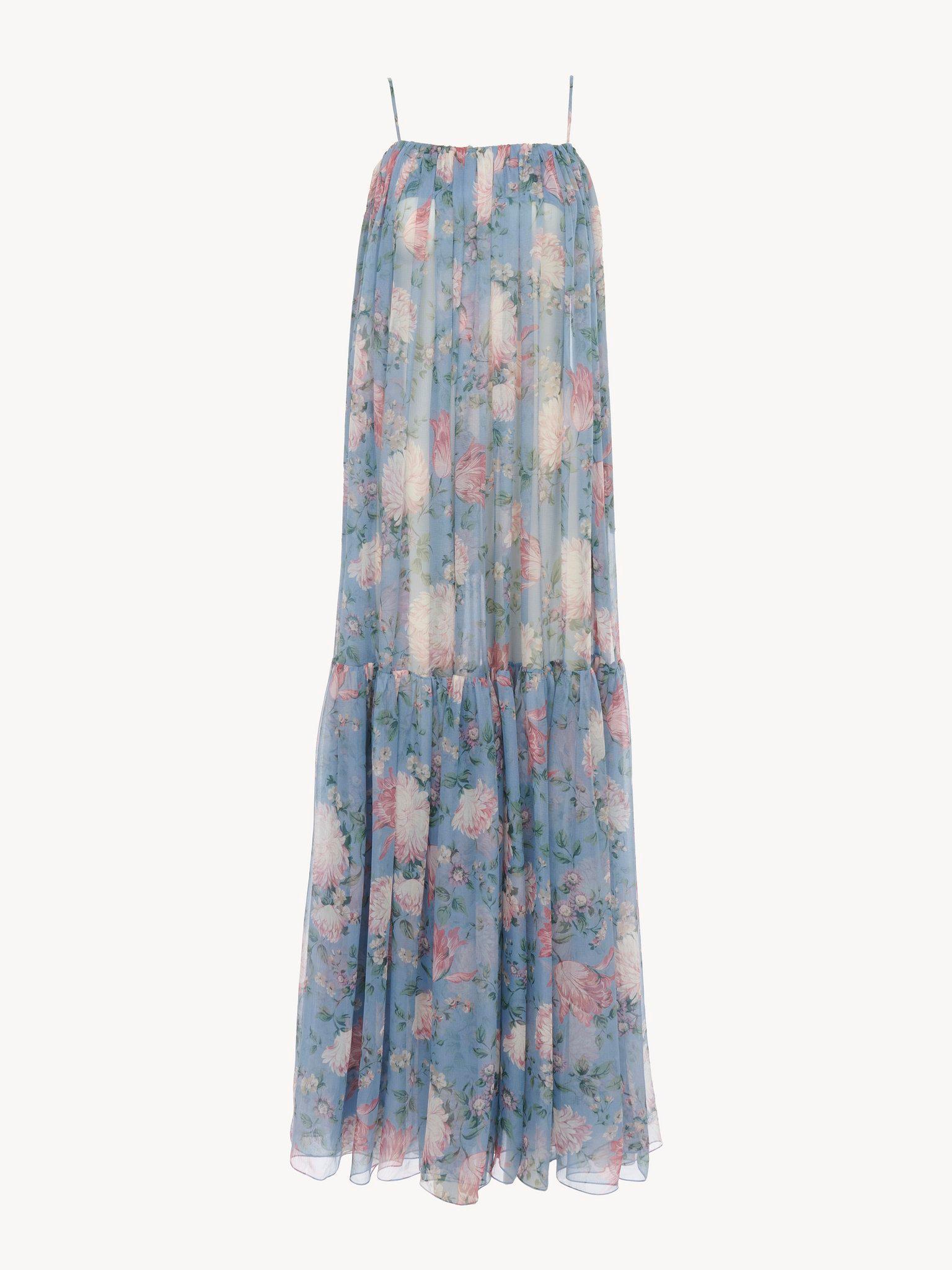 Sleeveless long dress in silk mousseline Product Image