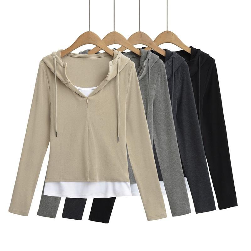Long-Sleeve Two Tone Mock Two-Piece Hooded Tee Product Image