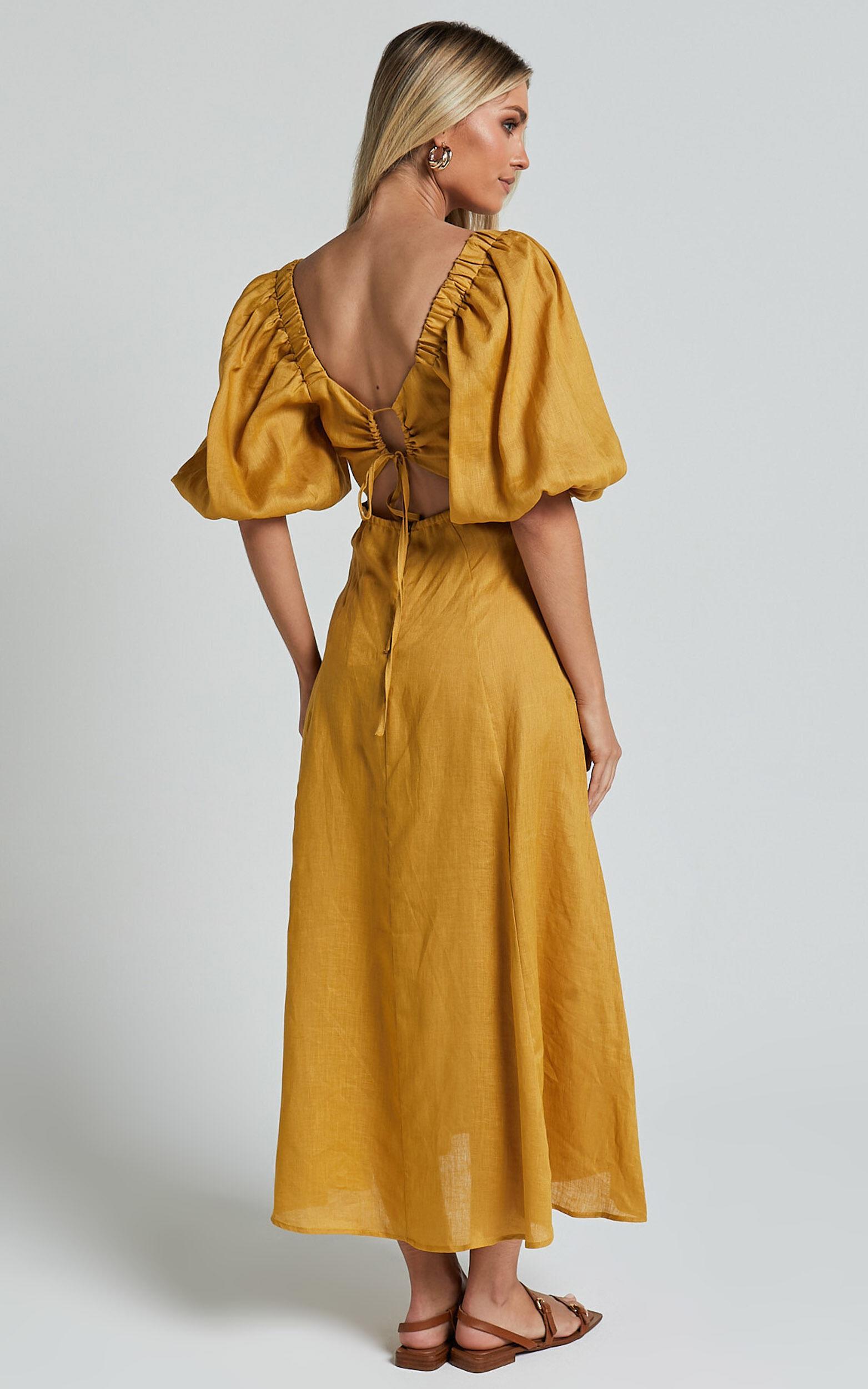 Amalie The Label - Zoya Linen Short Puff Sleeve Backless Maxi Dress in Gold Product Image