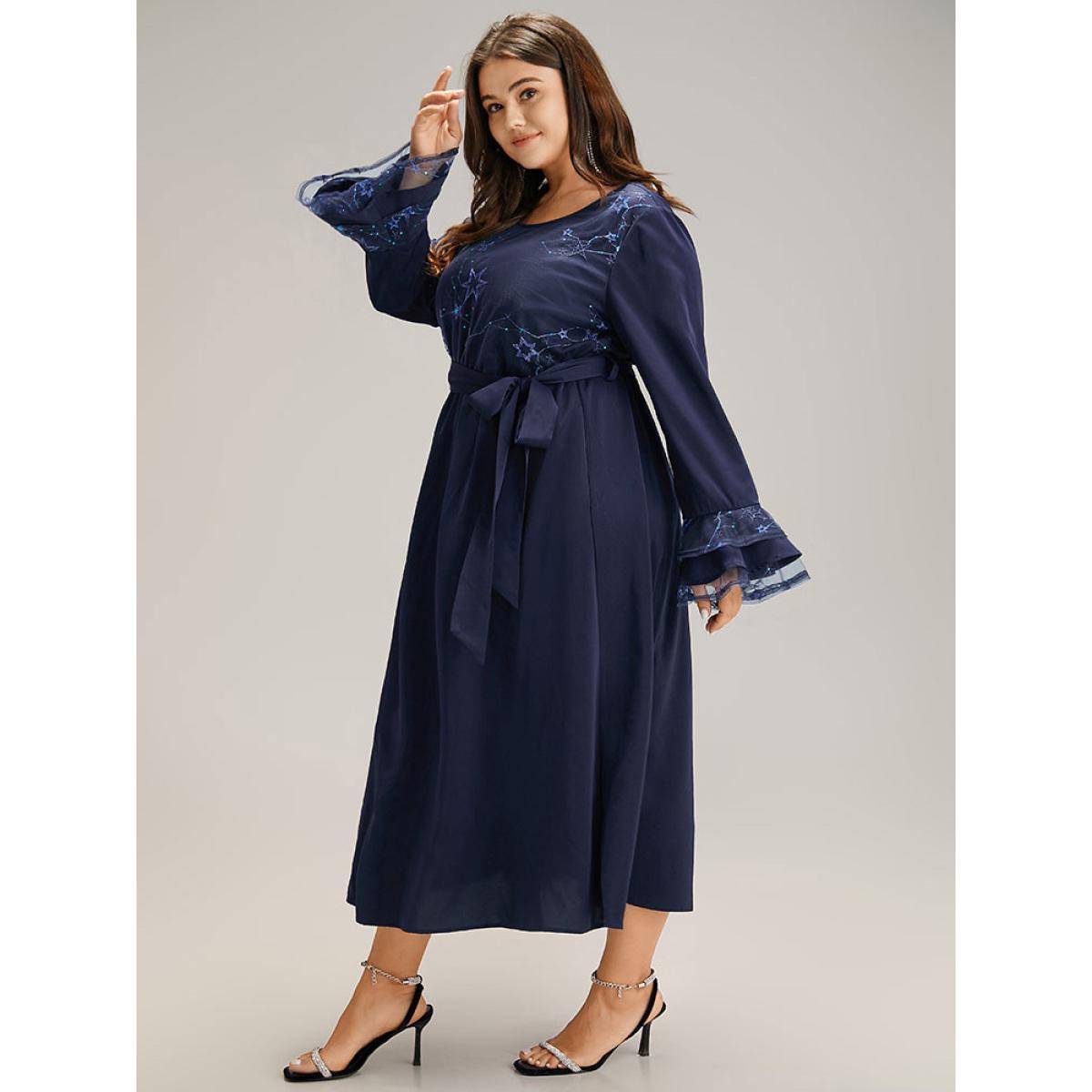 Plus Size Star Sequin Mesh Layered Sleeve Dress DarkBlue Women Party Belted Round Neck Long Sleeve Curvy Midi Dress BloomChic 12/L Product Image