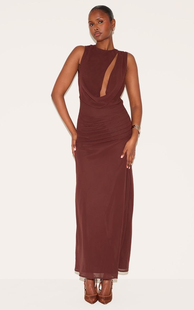 Chocolate Chiffon Keyhole Ruched Detail Maxi Dress Product Image