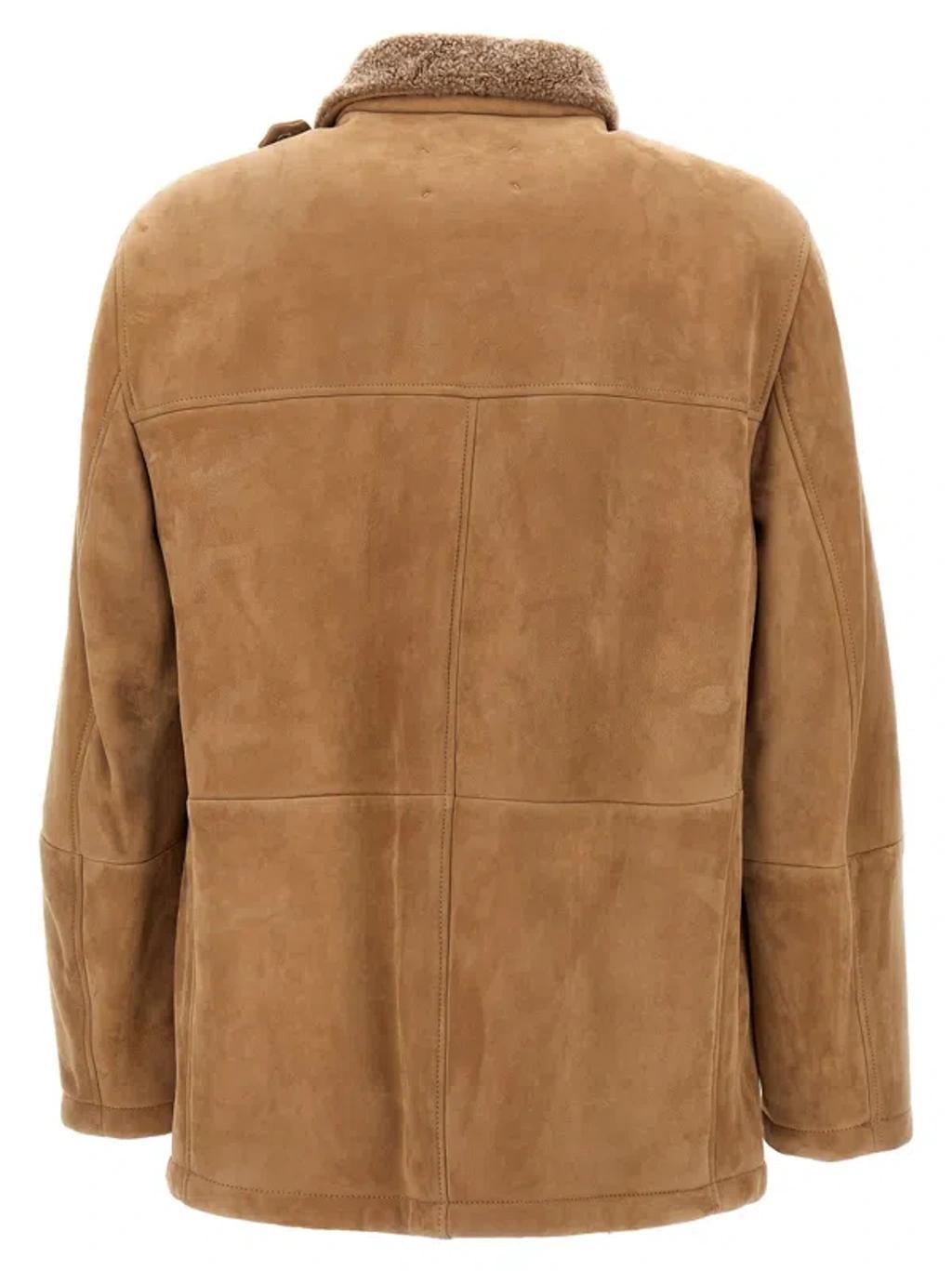 BRUNELLO CUCINELLI Shearling-collar Leather Jacket In Beige Product Image