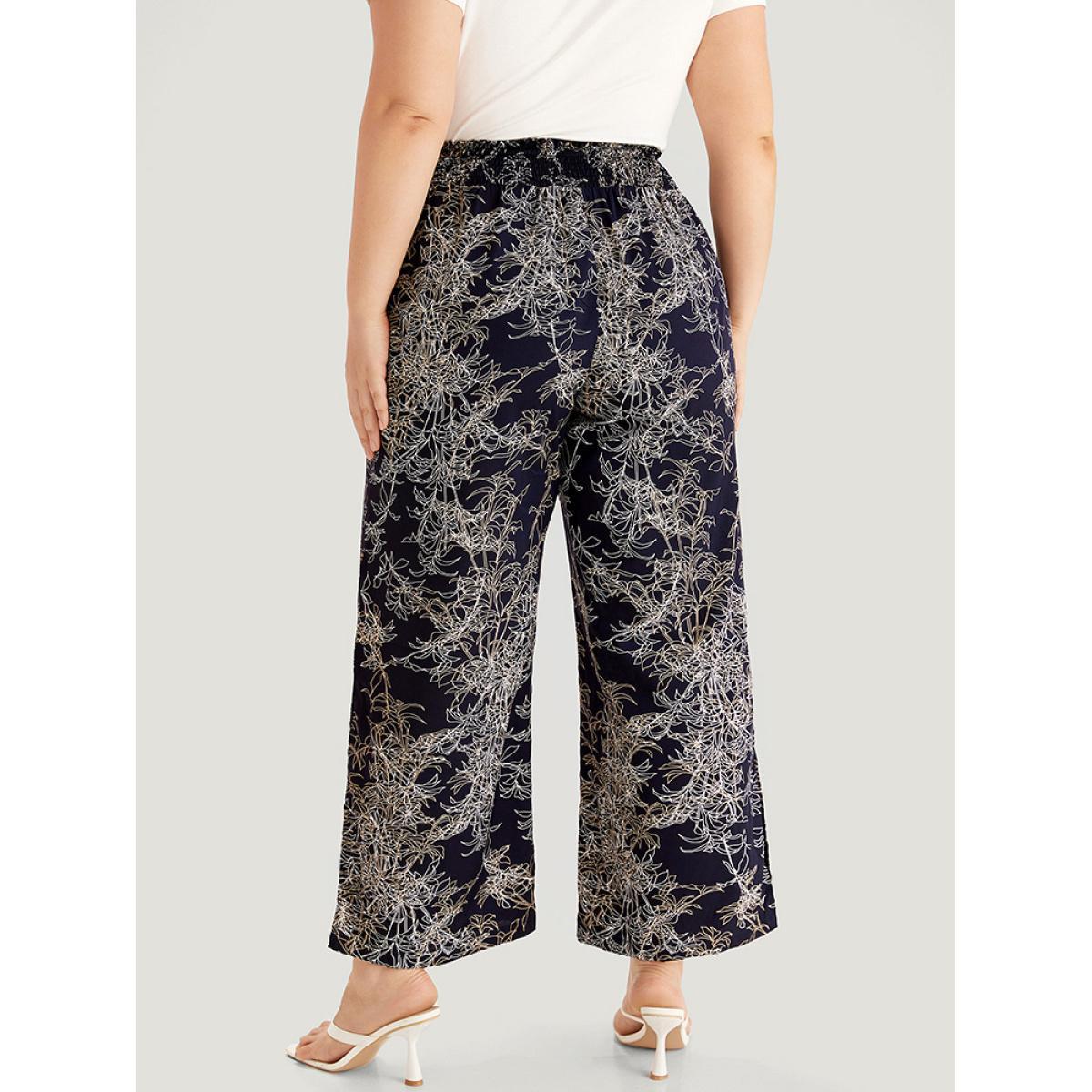 Plus Size Graphic Print Shirred Split Side Tassels Ties Pants Women Indigo Elegant Straight Leg High Rise Dailywear Pants BloomChic 30/6X Product Image