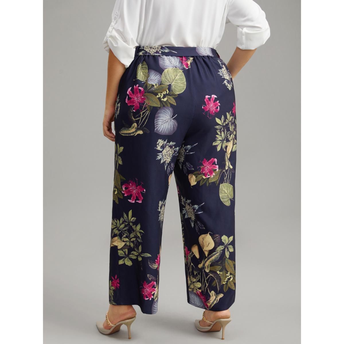 Plus Size Floral Print Belted Straight Leg Pants Women Indigo Elegant Wide Leg High Rise Dailywear Pants BloomChic 22-24/3X Product Image