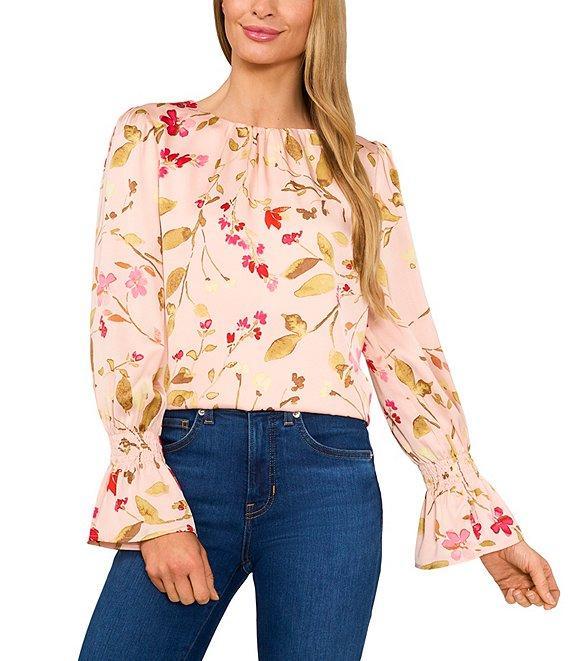 CeCe Charmeuse Floral Print Crew Neck Smocked Cuff Long Sleeve Blouse Product Image