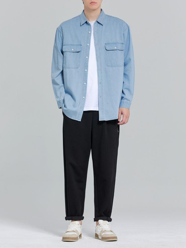 Long Sleeve Collared Denim Cargo Shirt Product Image