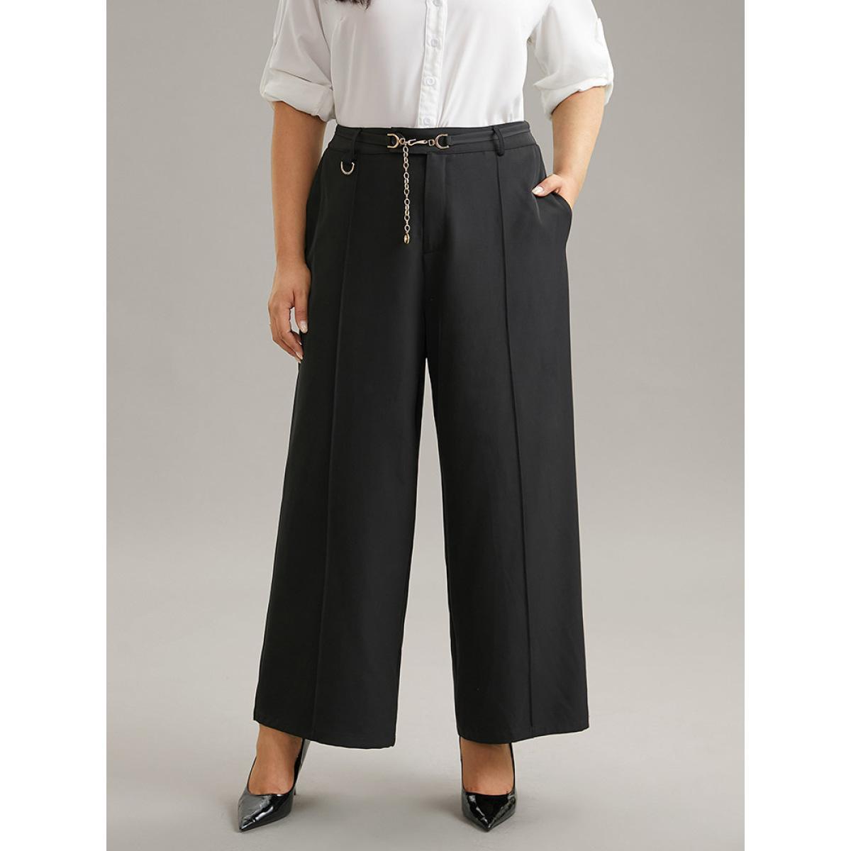 Plus Size Static-Free Elastic Waist Chain Belted Pleated Pants Women Black Office Straight Leg High Rise Work Pants BloomChic 30/6X Product Image