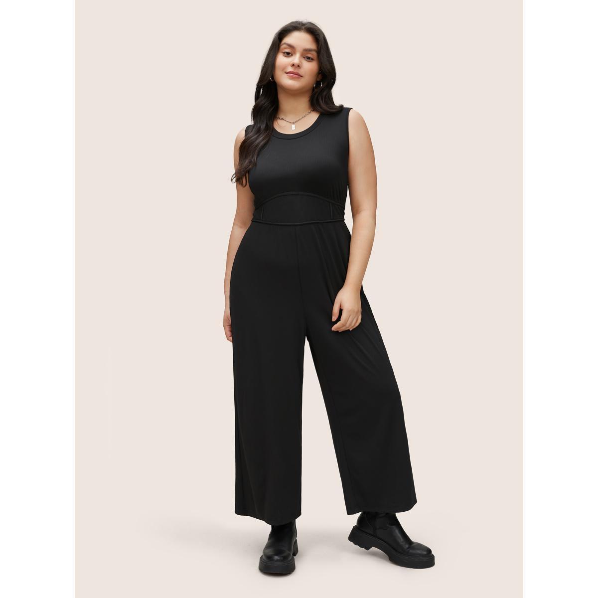 Plus Size Black Solid Rib Knit Pocket Seam Detail Tank Jumpsuit Women Casual Sleeveless Round Neck Everyday Loose Jumpsuits BloomChic 30/6X Product Image