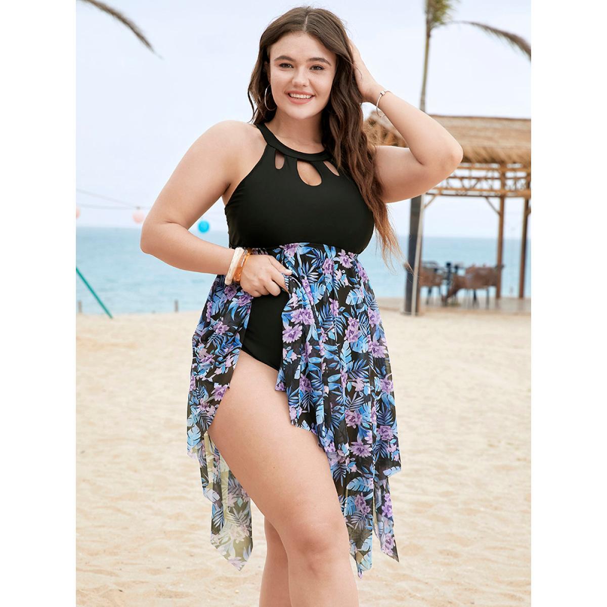 Plus Size Floral Cut Out Halter Neck Hanky Hem Swim Dress Women's Swimwear BlackFlower Vacation Bodycon Halter neck High stretch Curve Swim Dresses BloomChic 10/M Product Image