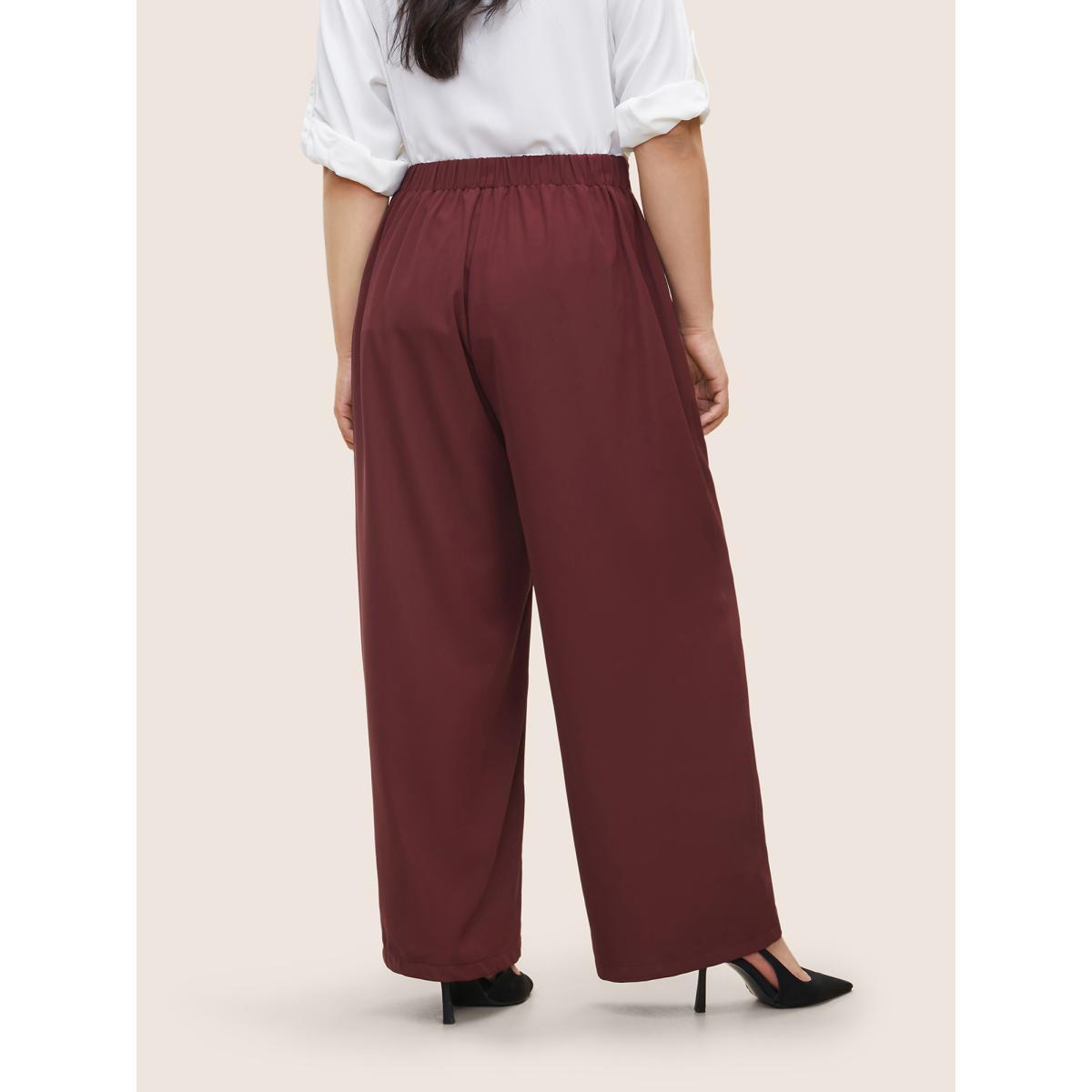 Plus Size Plain Button Detail Straight Leg Pants Women Burgundy Casual Straight Leg High Rise Everyday Pants BloomChic 10/M Product Image