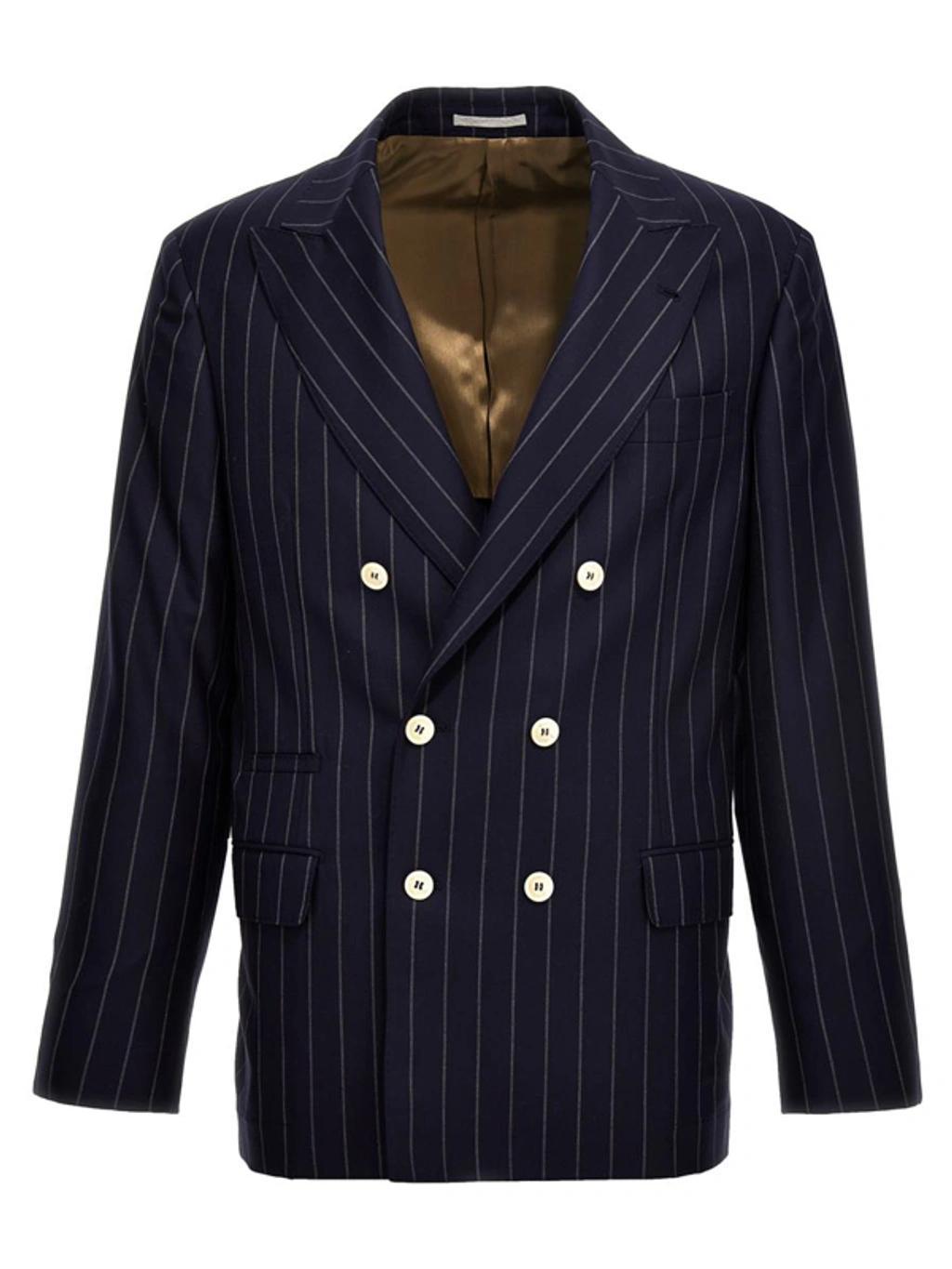 BRUNELLO CUCINELLI Double Breast Gestation Wool Blazer Jacket In Blue Product Image