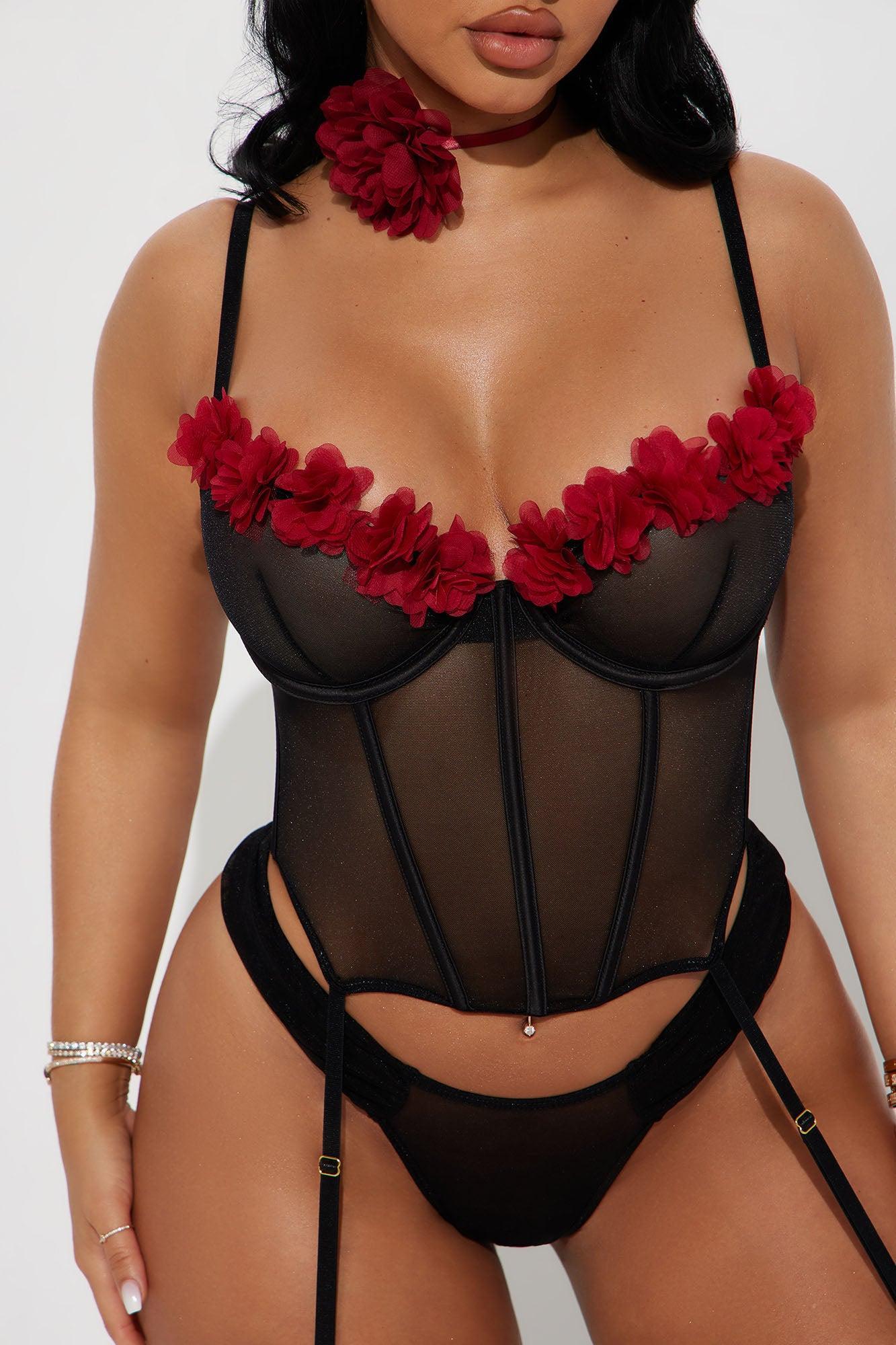 Le Vie En Rose Choker Bustier 3 Piece Garter Set - Black Product Image