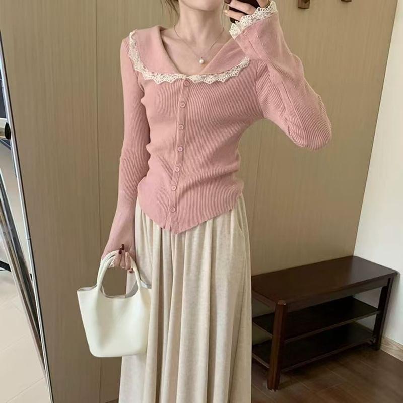Long-Sleeve Collar Lace Trim Ribbed Button Knit Top Product Image