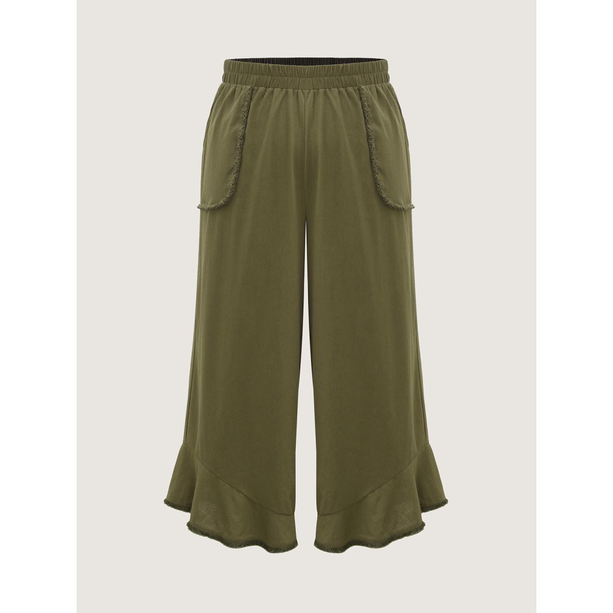 Plus Size Stretchy Waist Frayed Hem Wide-Leg Pants Women ArmyGreen Resort Wide Leg Mid Rise Vacation Pants BloomChic 10/M Product Image