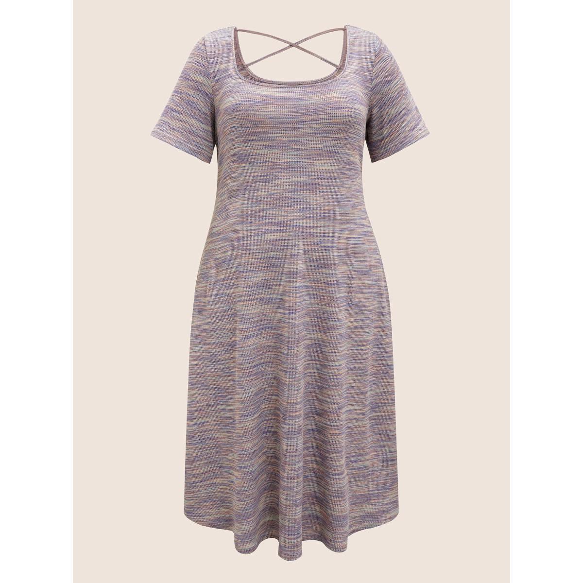 Plus Size Textured Waffle Knit Crisscross Split Side Dress Mauve Women Casual Texture Square Neck Short sleeve Curvy BloomChic 18-20/2X Product Image