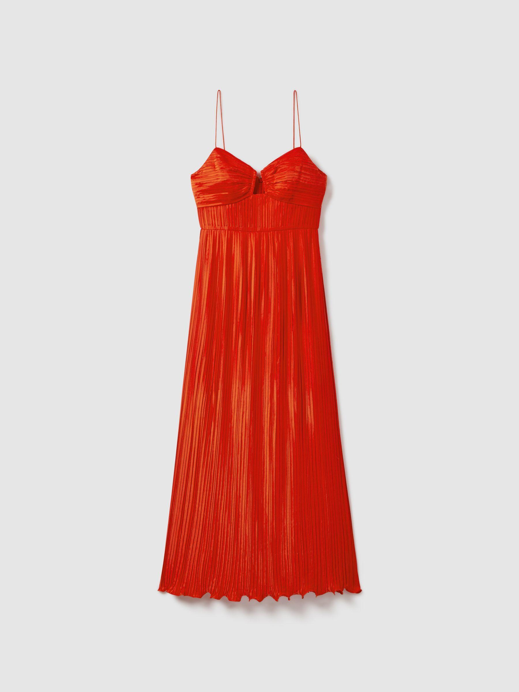 Amur Ruffle Hem Pleated Midi Dress in Crimson Red Product Image