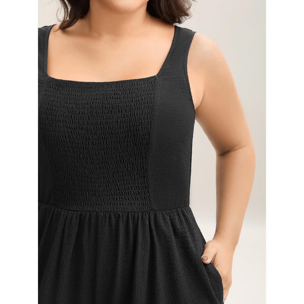 Plus Size Black Shirred Pockets Wide-Leg Plain Jumpsuit Women Sleeveless Non Vacation Loose Jumpsuits BloomChic 18-20/2X Product Image