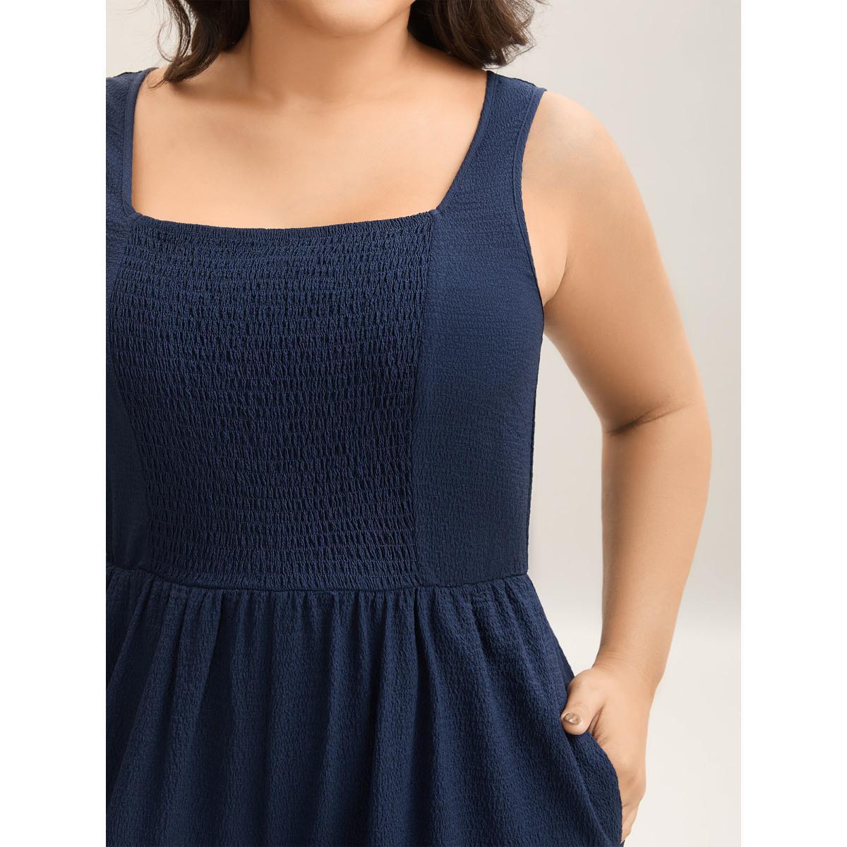 Plus Size Black Shirred Pockets Wide-Leg Plain Jumpsuit Women Sleeveless Non Vacation Loose Jumpsuits BloomChic 12/L Product Image