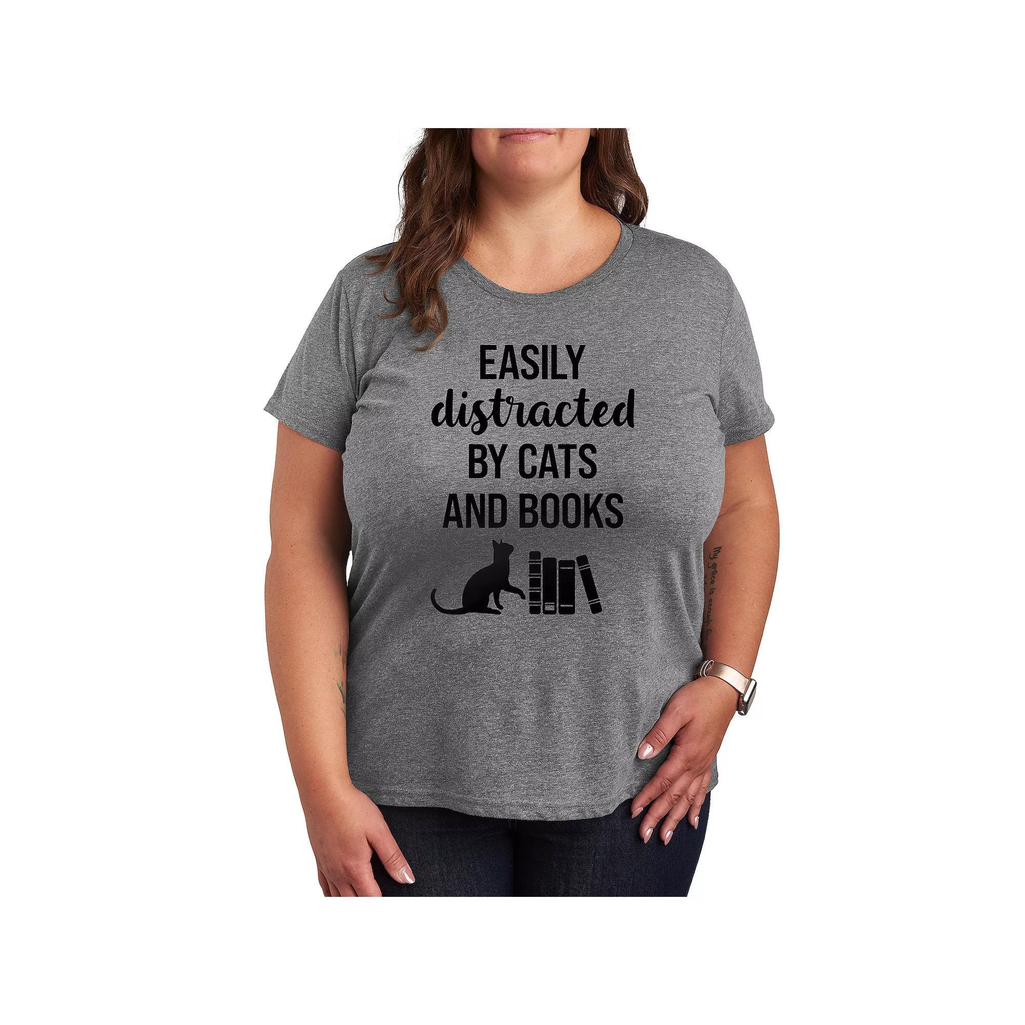 Women's Easily Distracted Cats Books Graphic Tee, Girl's, Size: Medium, Grey Gray Product Image