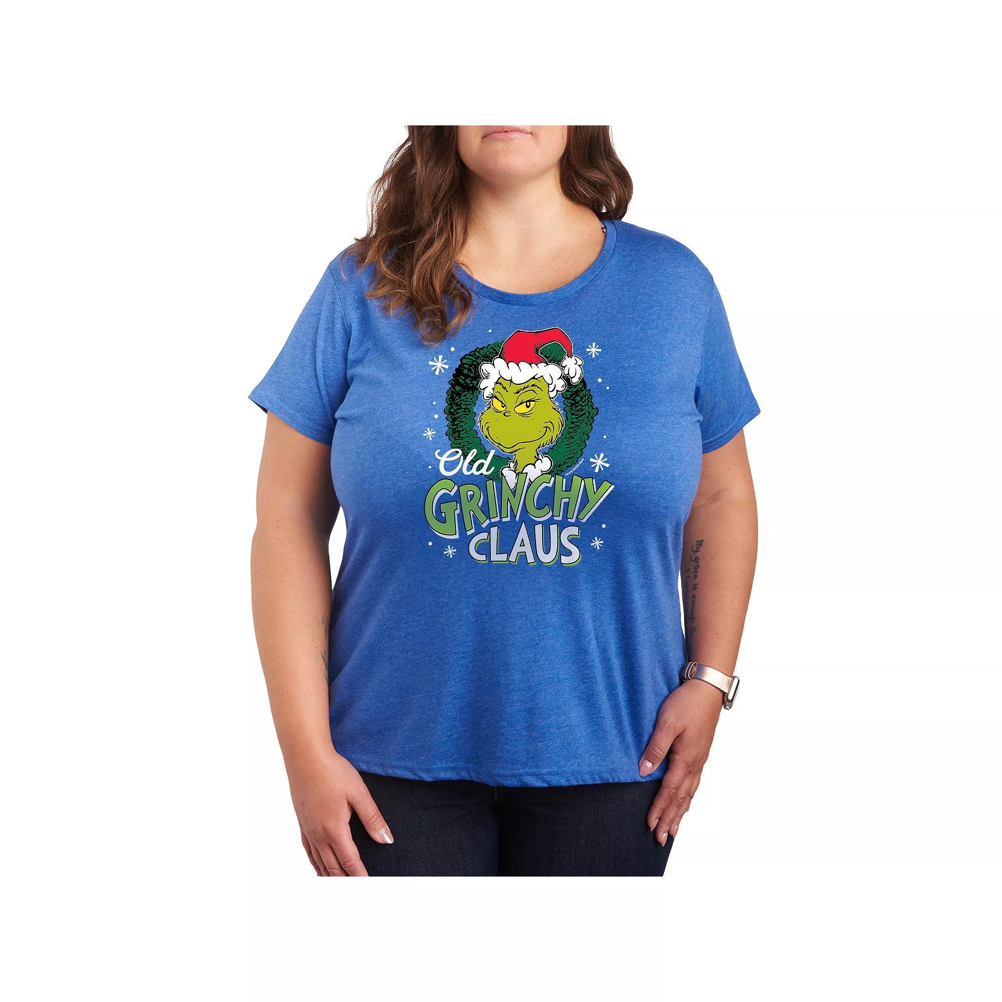 Plus Size Dr. Seuss Old Grinchy Claus Graphic Tee, Womens Grey Royal Blue Product Image