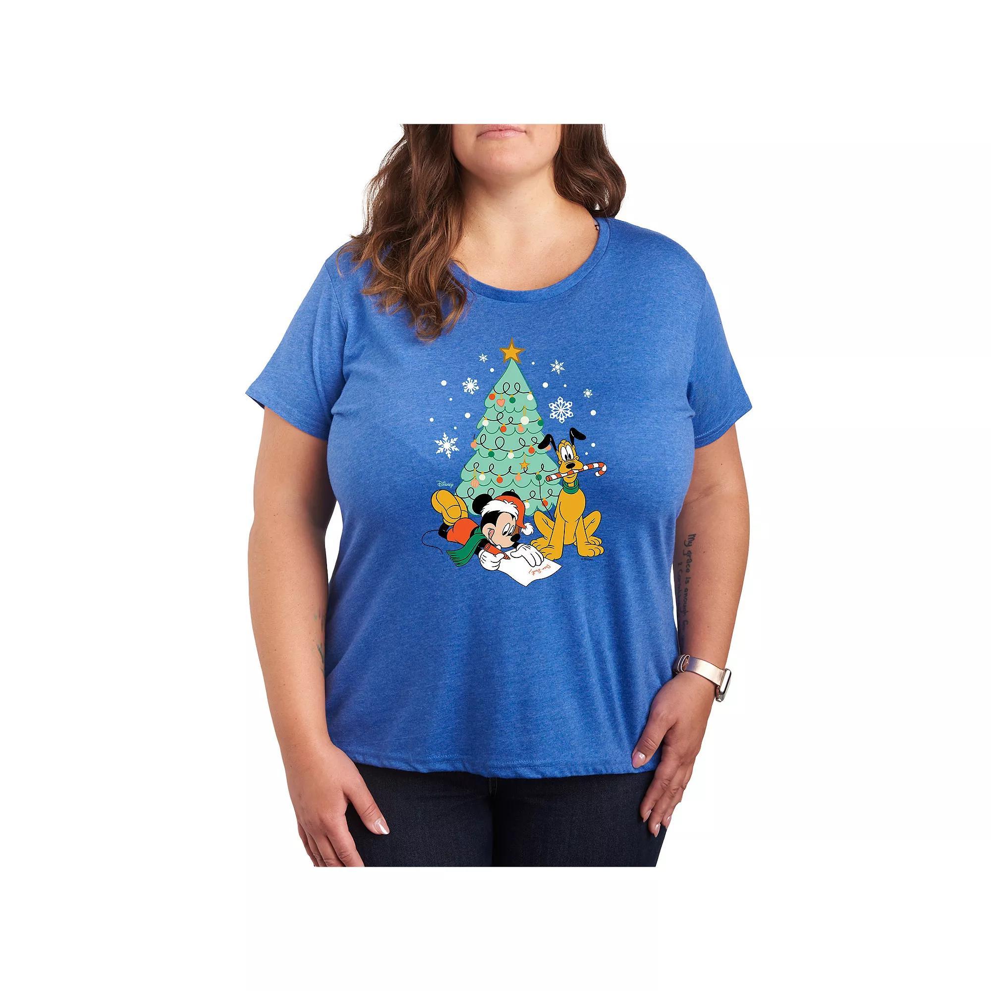 Disneys Mickey Mouse & Pluto Plus Size Christmas Tree Graphic Tee, Womens Grey Royal Blue Product Image