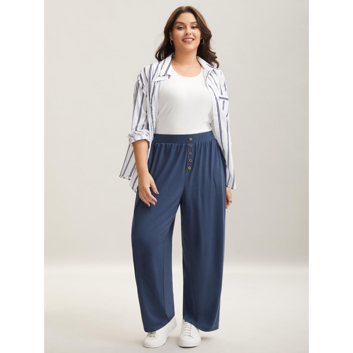 Plus Size Button Front Pleated Comfy Fit Pants Women Indigo Casual Wide Leg Mid Rise Everyday Pants BloomChic 12/L Product Image