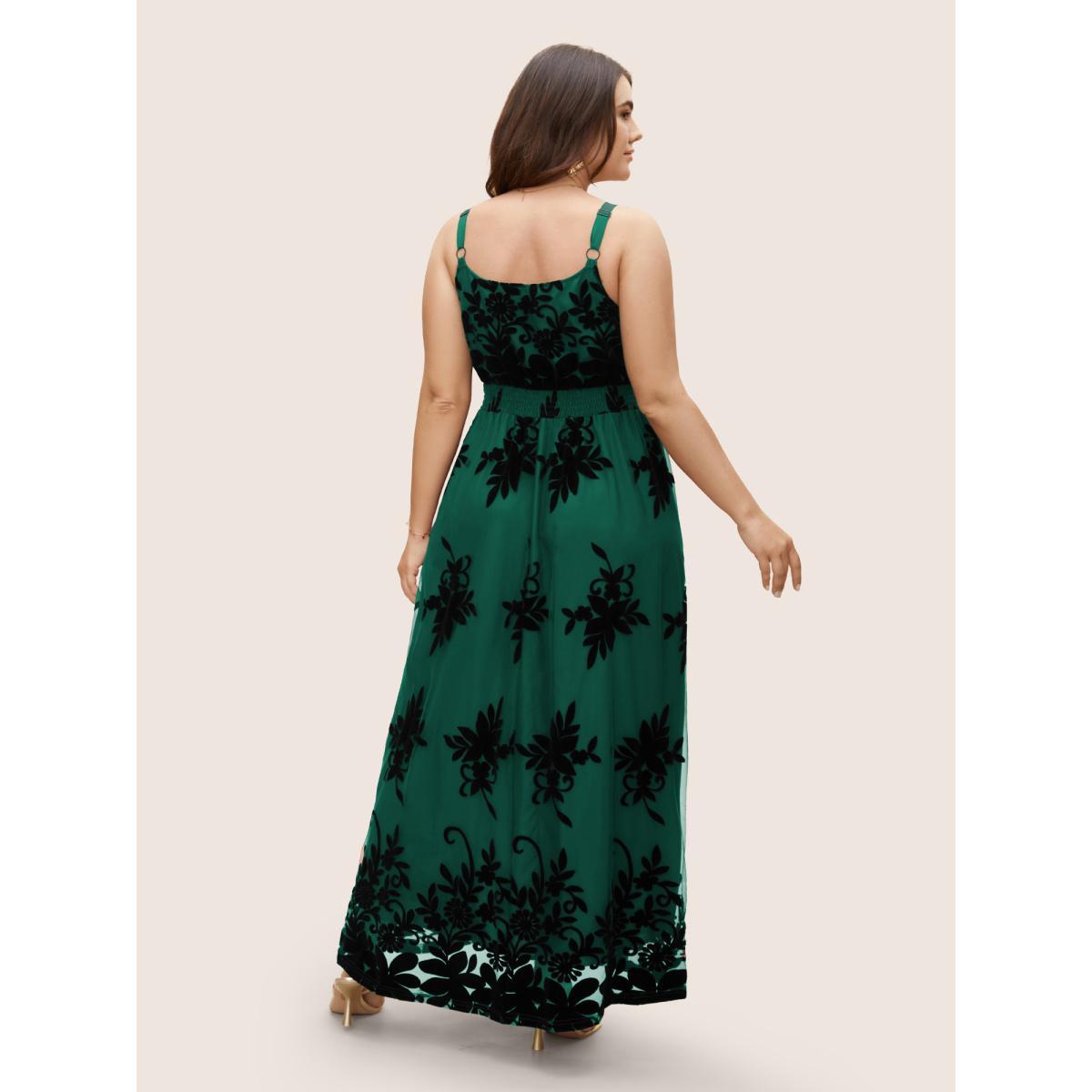 Plus Size Floral Flocked Tulle Split Hem Dress DarkGreen Women Formal Texture V-neck Sleeveless Curvy BloomChic 22-24/3X Product Image