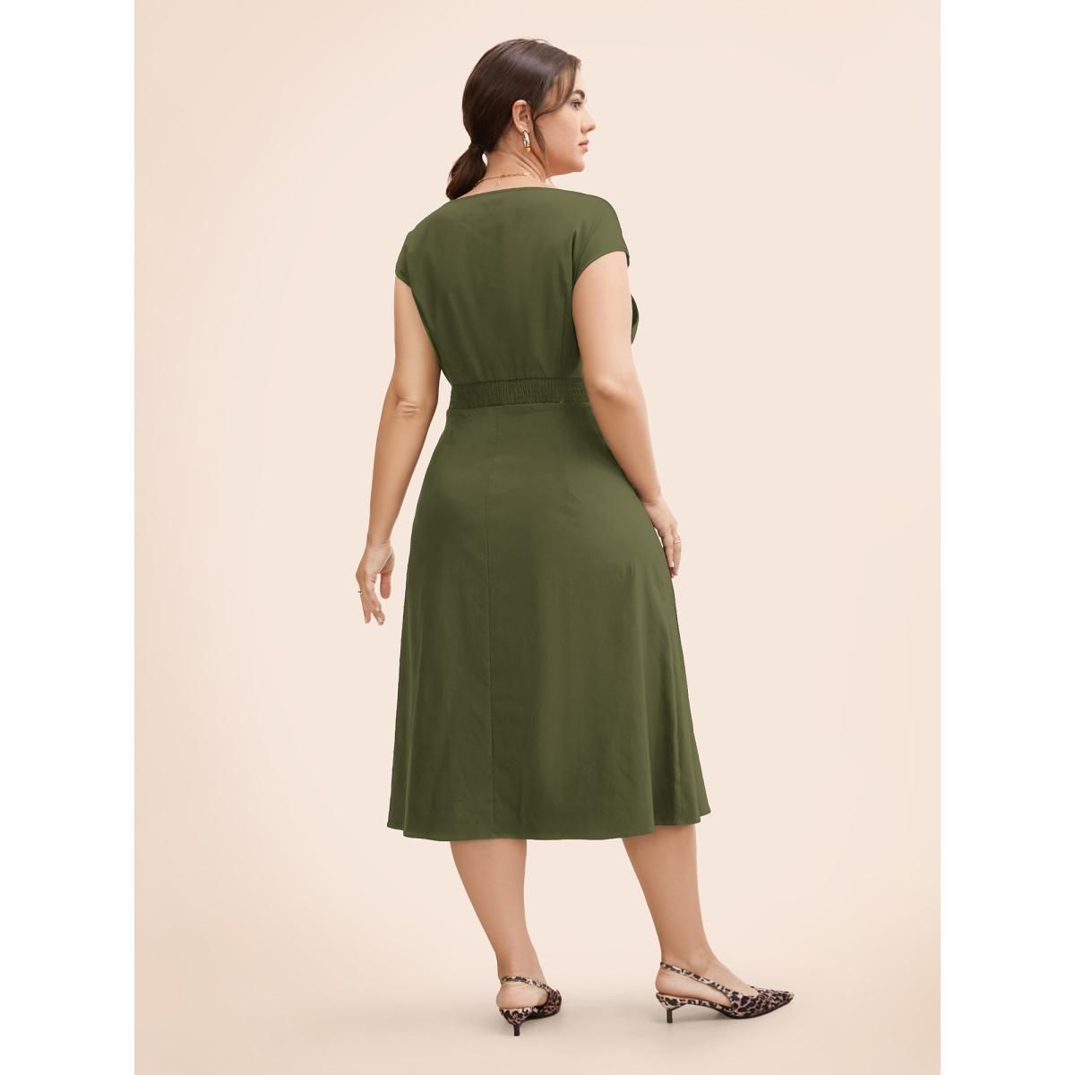 Plus Size Stretch Woven Cowl Neckline Midi Dress ArmyGreen Women Workwear Essentials Pleated Boat Neck Cap Sleeve Curvy BloomChic 22-24/3X Product Image