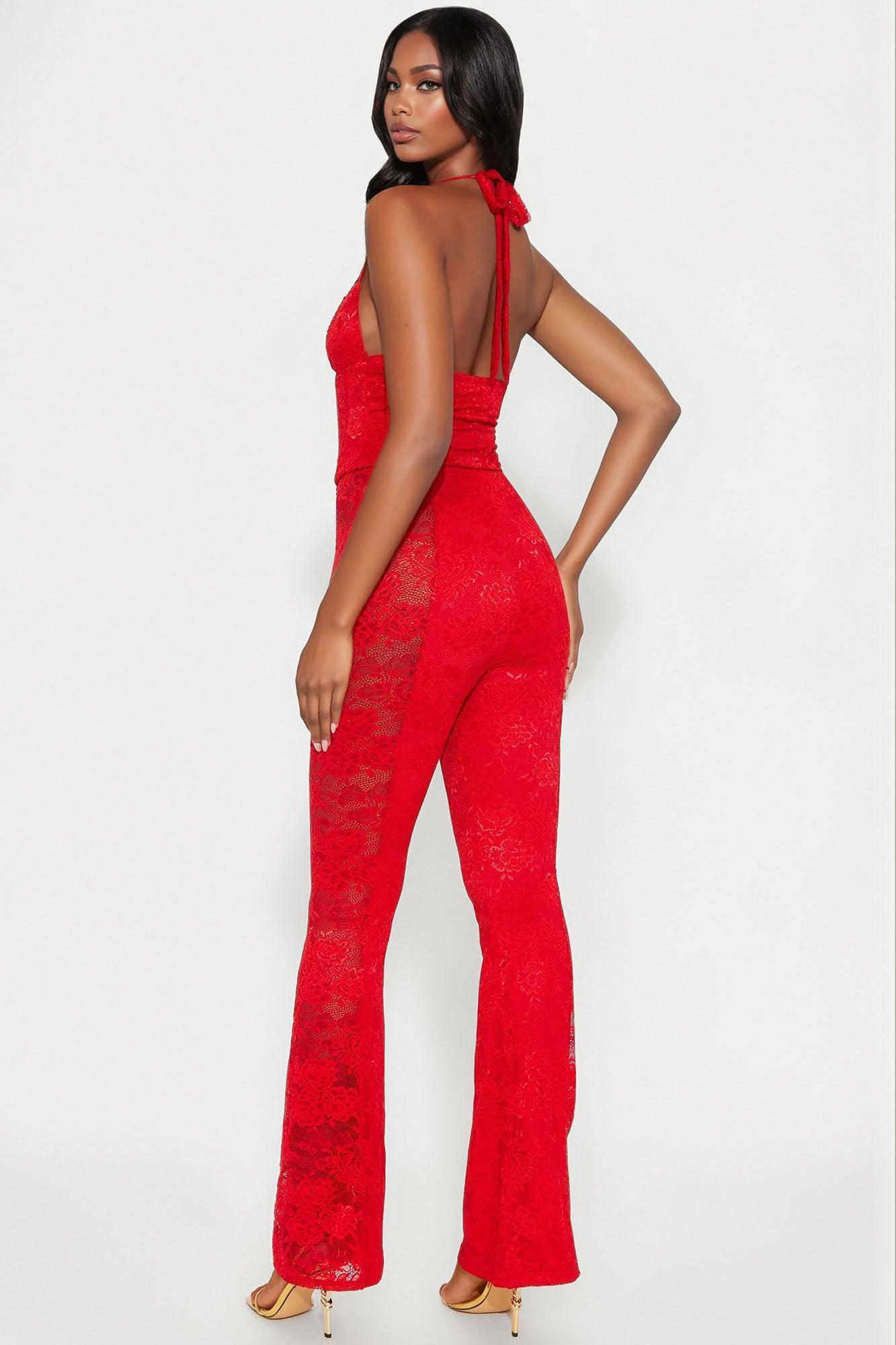 Analisa Lace Halter Jumpsuit - Red Product Image
