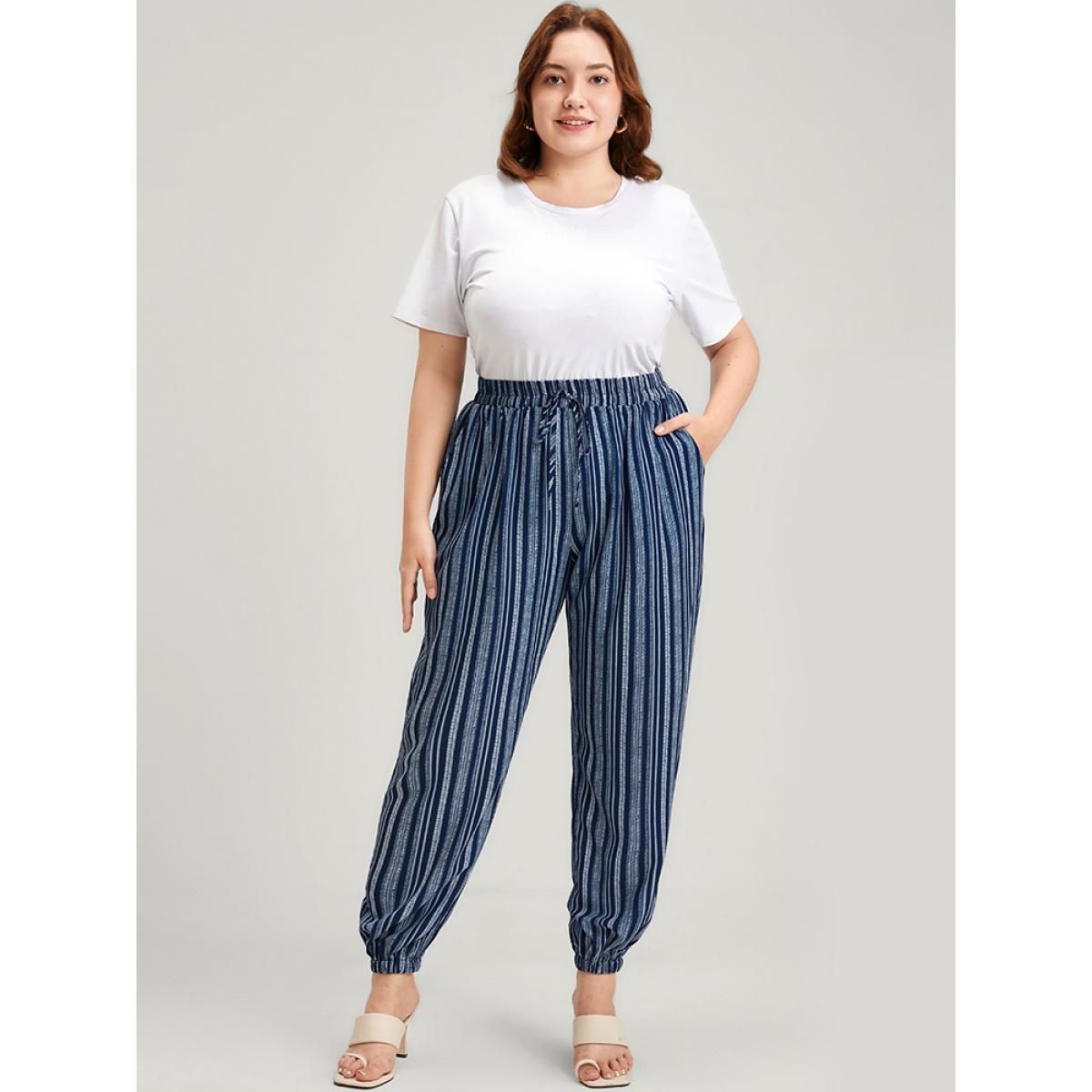 Plus Size Striped Elastic Waist Pocket Ties Pants Women DarkBlue Casual Mid Rise Dailywear Pants BloomChic 12/L Product Image