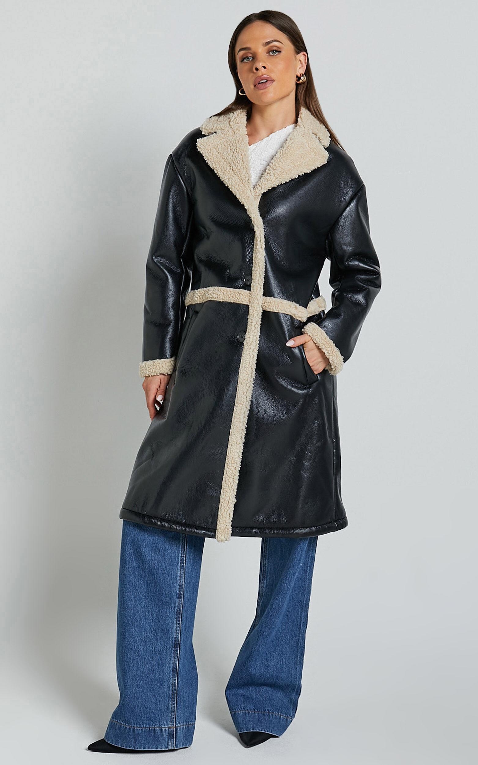 Jan Coat - Longline Faux Shearling Aviator Coat in Black Product Image