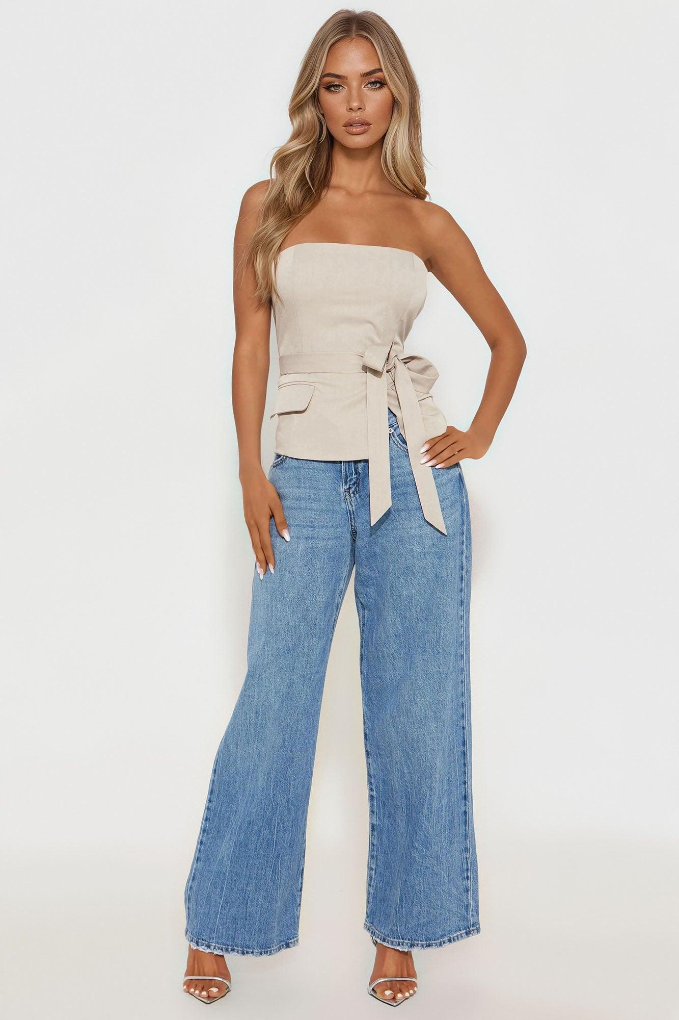 Work Behavior Tie Front Tube Top - Taupe Product Image
