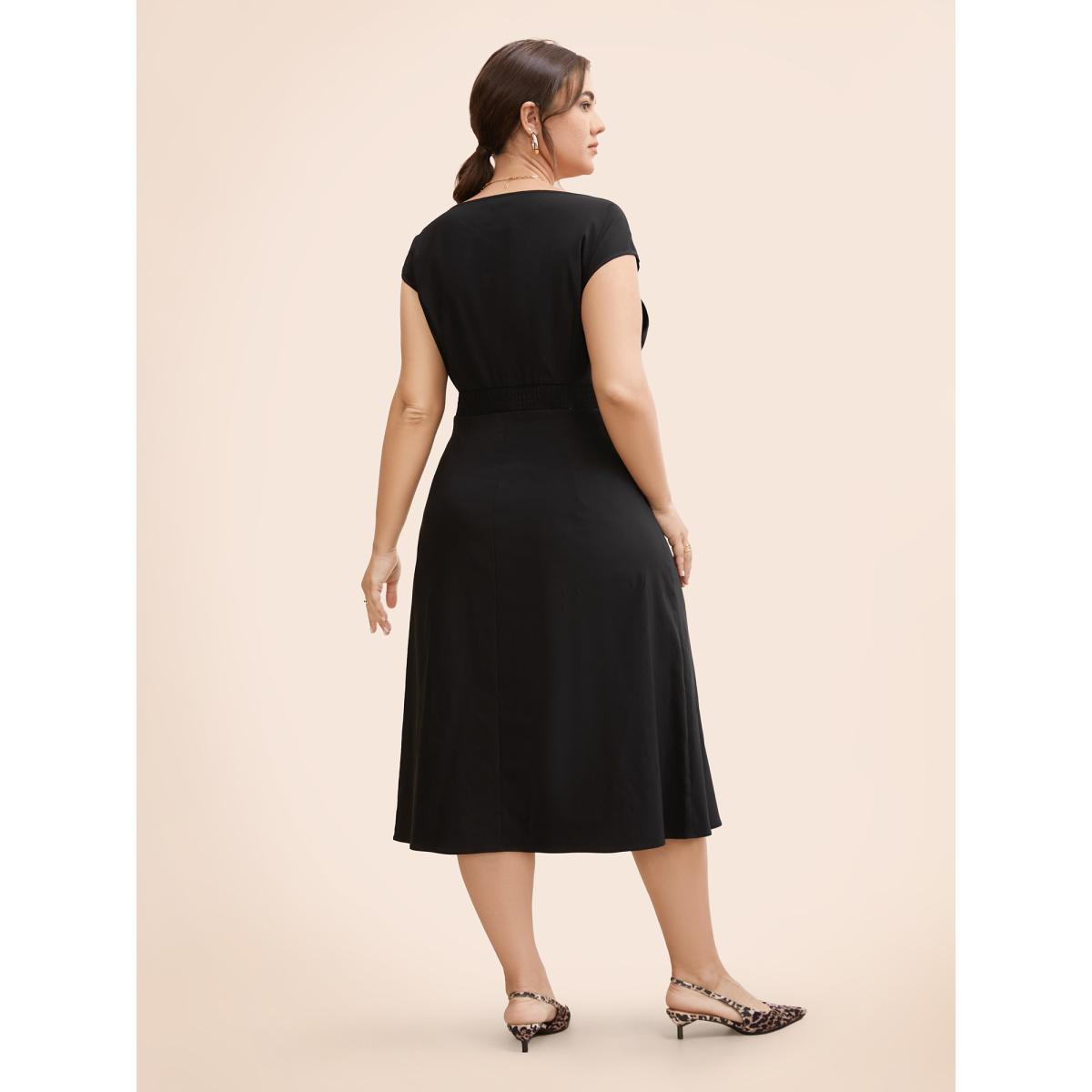 Plus Size Stretch Woven Cowl Neckline Midi Dress ArmyGreen Women Workwear Essentials Pleated Boat Neck Cap Sleeve Curvy BloomChic 22-24/3X Product Image