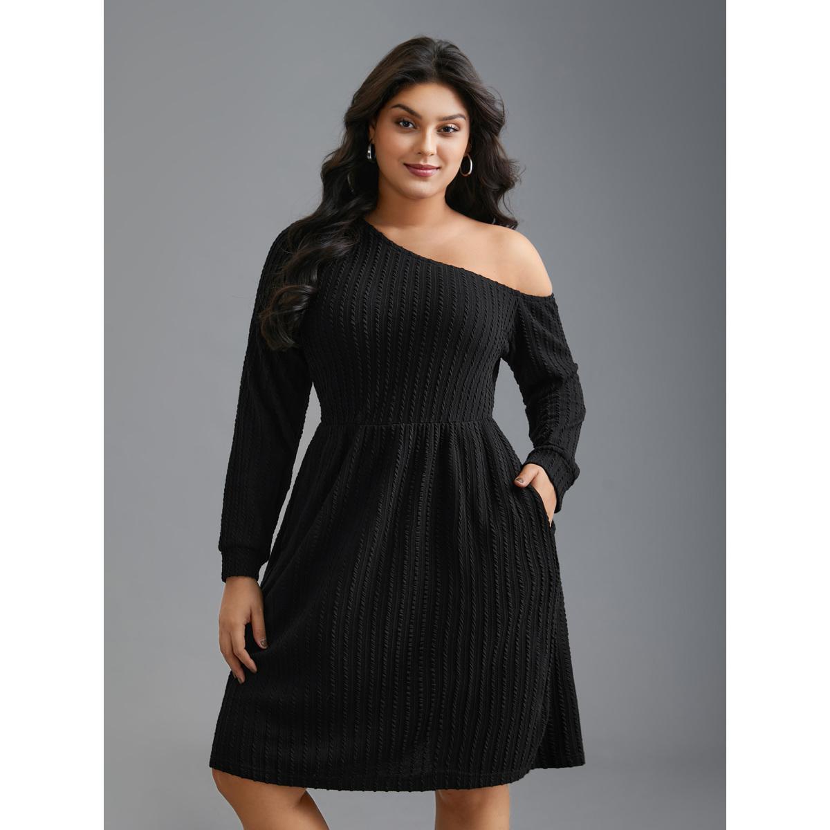 Plus Size One Shoulder Plain Textured Dress Black Women Casual Texture Knit Dresses Bloomchic 26/4X Product Image
