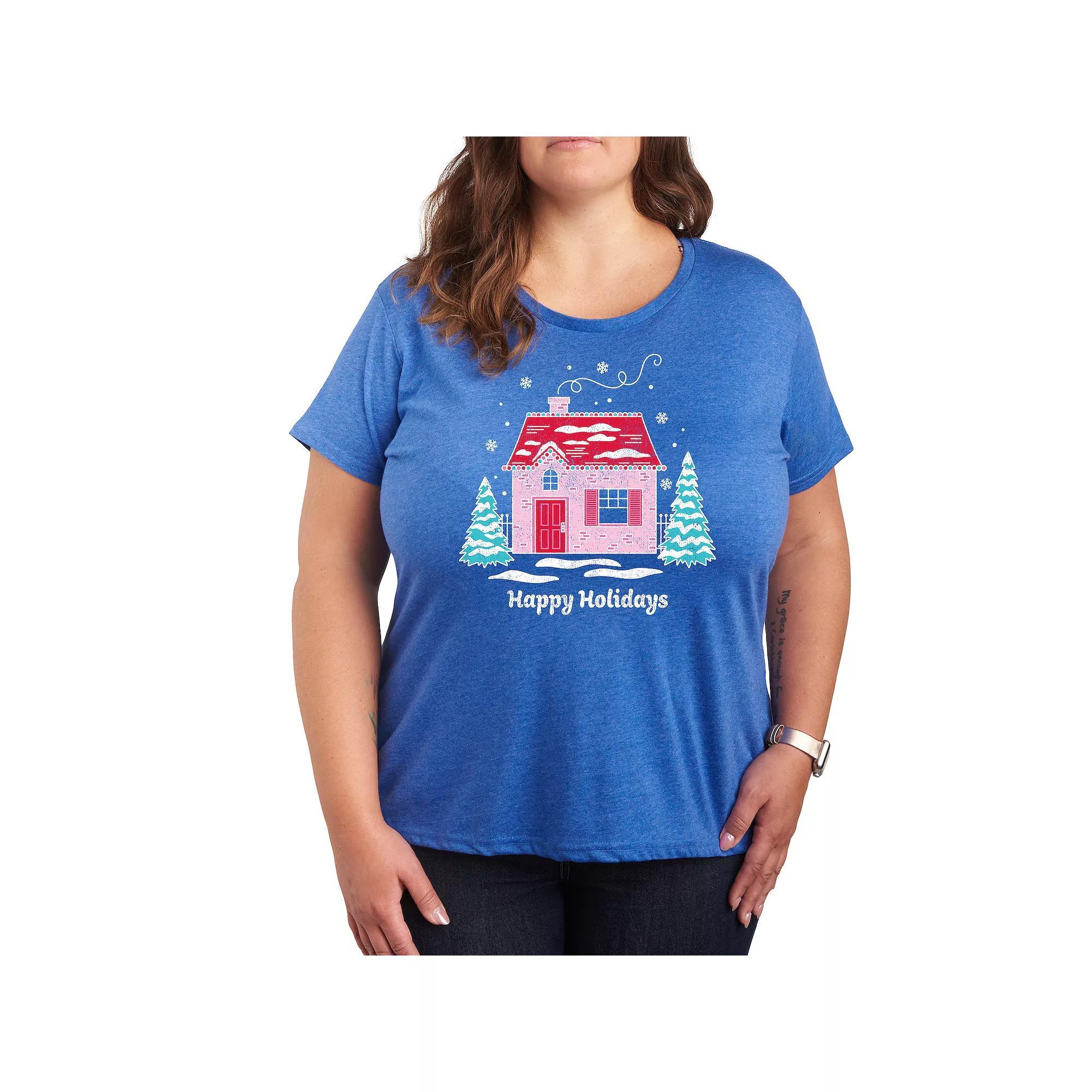 Plus Size Pink Holiday House Graphic Tee, Women's, Size: 1XL, Grey Royal Blue Product Image