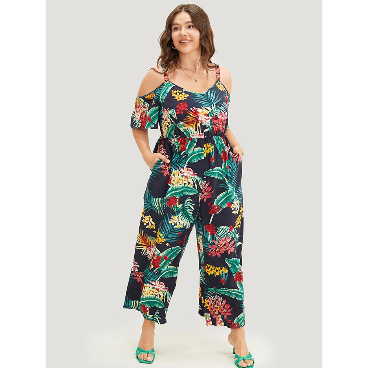 Plus Size Navy Tropical Print Pocket Cold Shoulder Jumpsuit Women Vacation Short sleeve Cold Shoulder Dailywear Loose Jumpsuits BloomChic 10/M Product Image