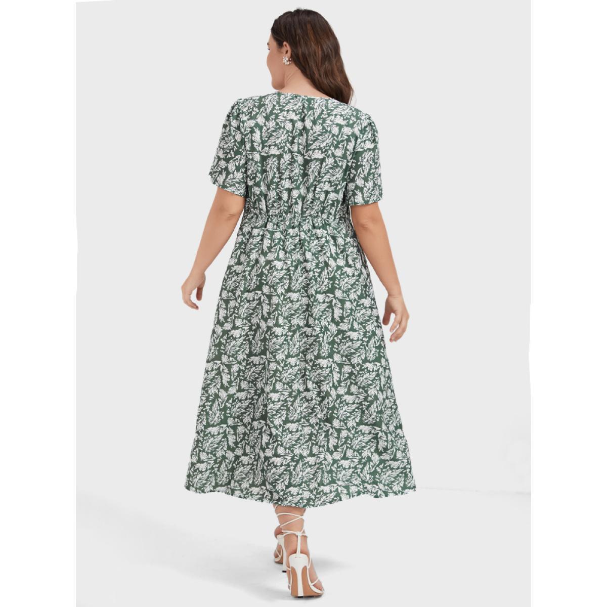 Plus Size Plants Printed V Neck Ruffles Split Midi Dress Green Women Casual Square Neck Short sleeve Curvy Midi Dress BloomChic 18-20/2X Product Image