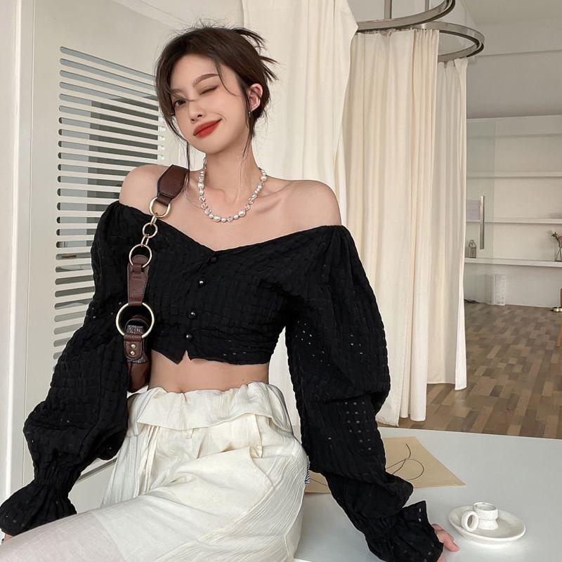 Bell-Sleeve Off-Shoulder Perforated Crop Blouse Product Image