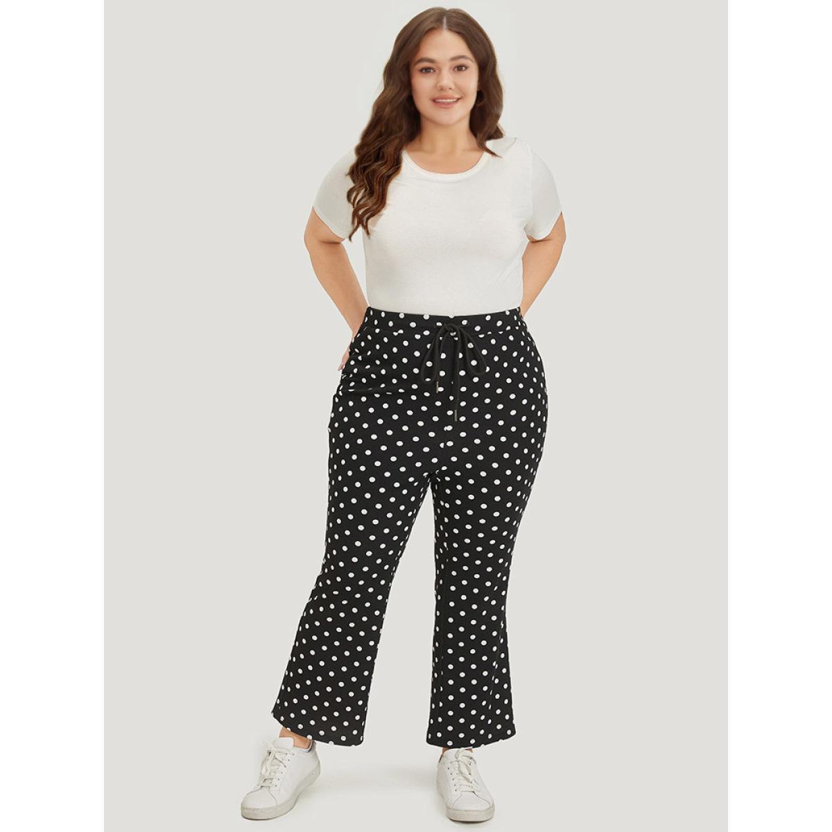 Polka Dot Print Pocket Ties Bootcut Sweatpants Black Plus Size Women Casual Everyday Drawstring 28/5X Bloomchic Product Image