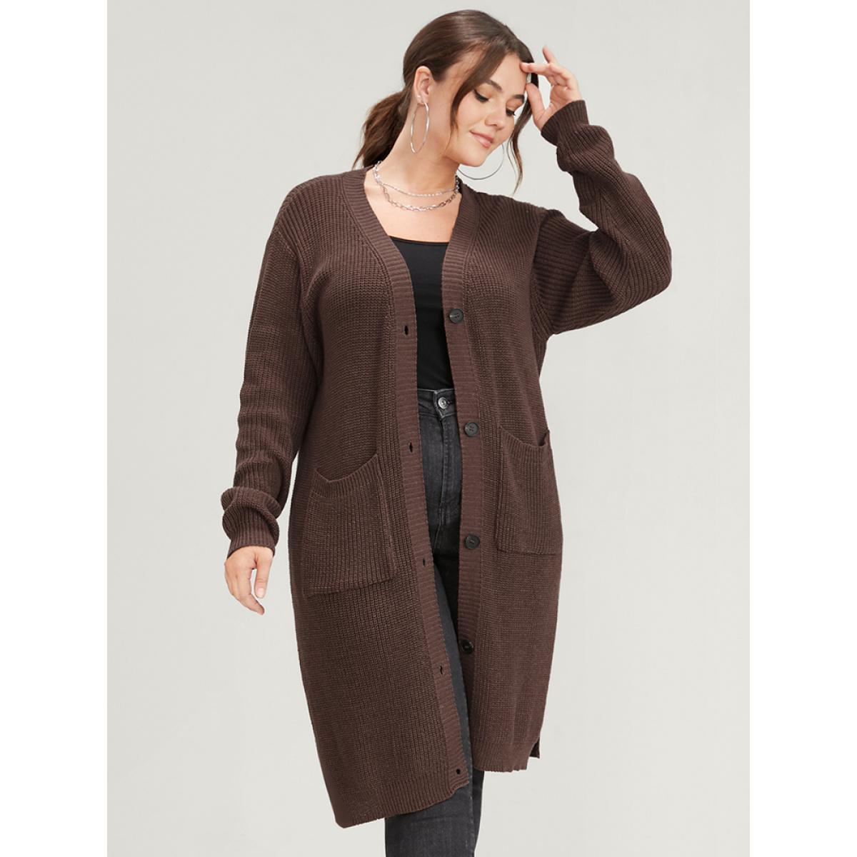 Plus Size Plain Pointelle Knit Split Hem Pocket Button Front Long Cardigan DarkBrown Women Casual Loose Long Sleeve Dailywear Cardigans BloomChic 12/L Product Image