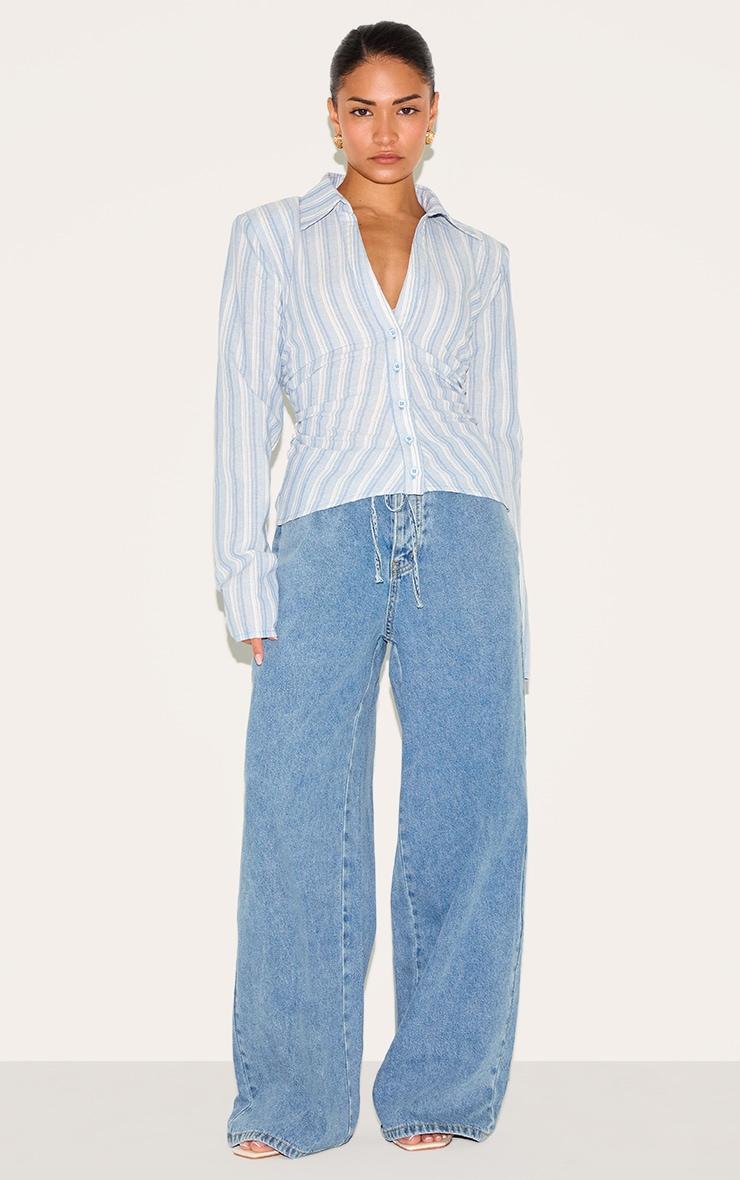 Petite Blue Stripe Linen Look Shoulder Padded Fitted Shirt Product Image
