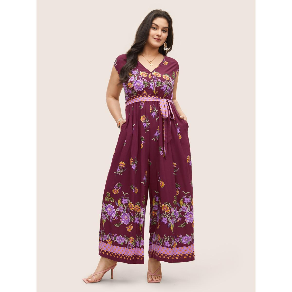 Plus Size RedViolet Boho Print Overlap Collar Belted Sleeveless Jumpsuit Women Resort Cap Sleeve V-neck Vacation Loose Jumpsuits BloomChic 14-16/1X Product Image