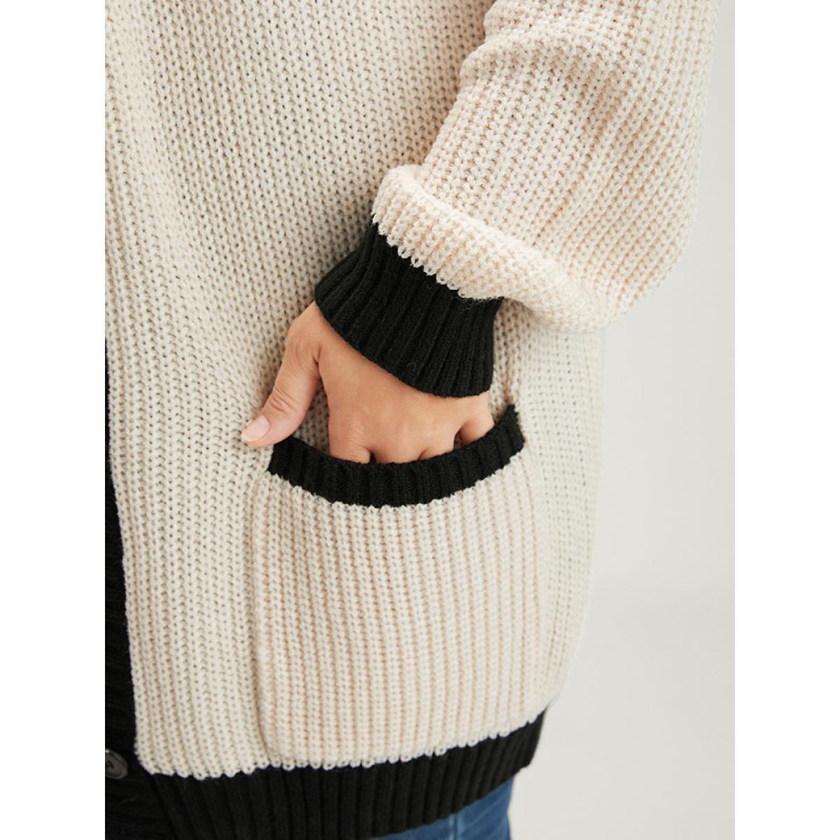 Plus Size Contrast Trim Pointelle Knit Pocket Button Front Cardigan Beige Women Elegant Loose Long Sleeve Dailywear Cardigans BloomChic 30/6X Product Image