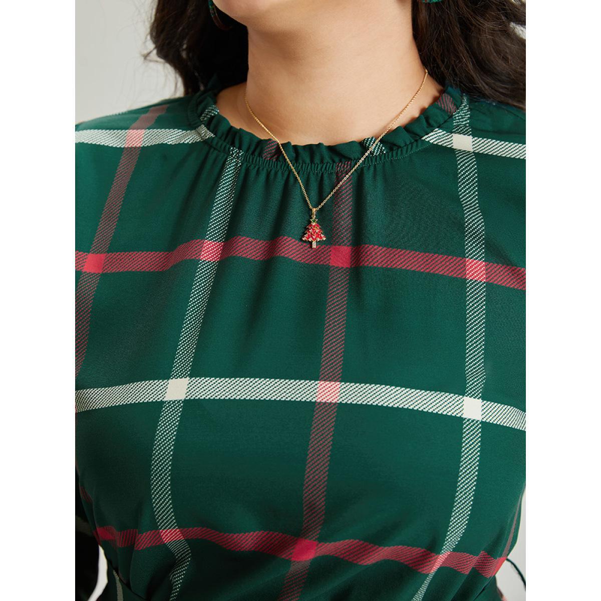Plus Size Plaid Stand Collar Gathered Belted Dress Multicolor Women Office Printed Stand-up collar Elbow-length sleeve Curvy Midi Dress BloomChic 12/L Product Image