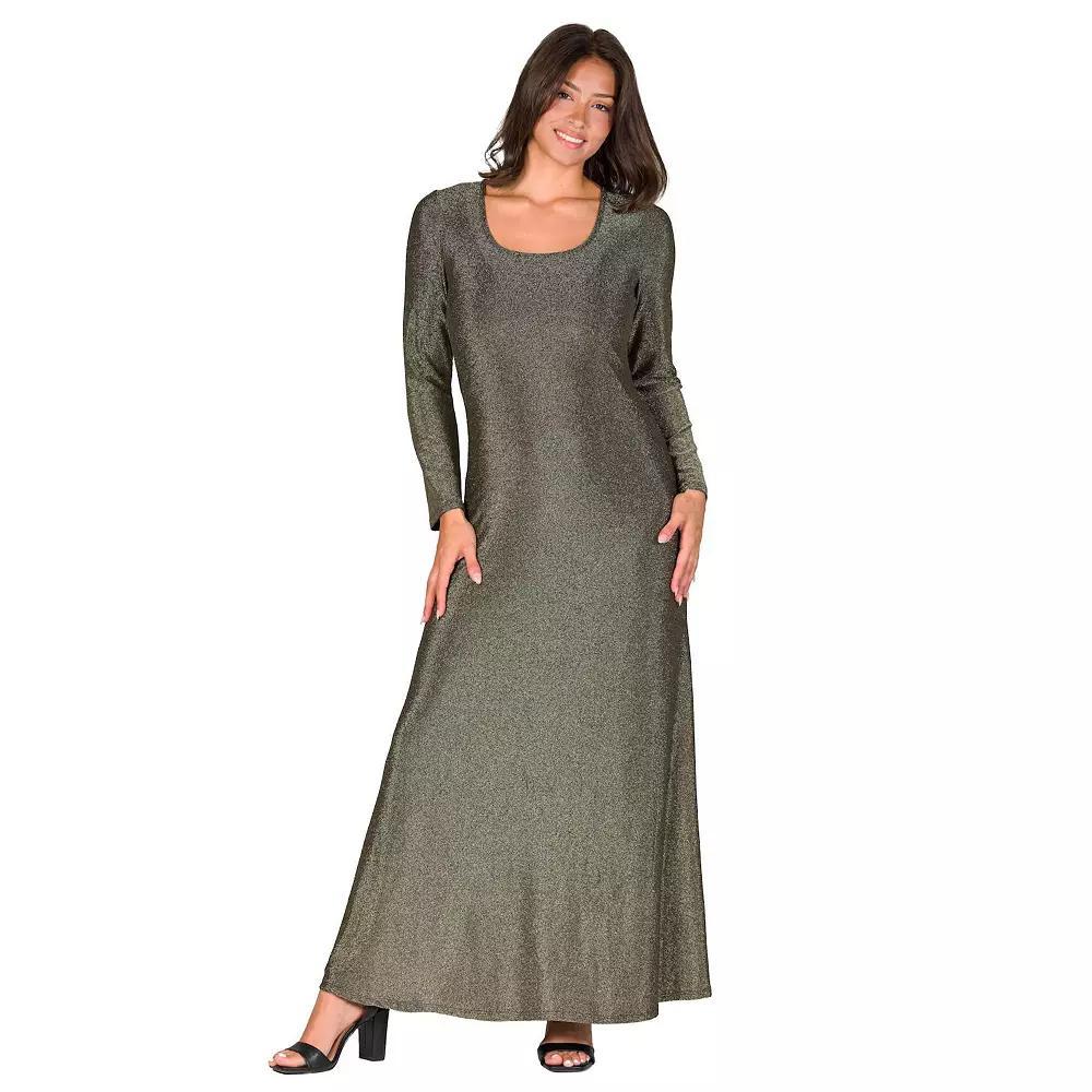 Women's 24Seven Comfort Apparel Long Sleeve Scoopneck Shimmer Maxi Dress, Size: Large, Gold Product Image