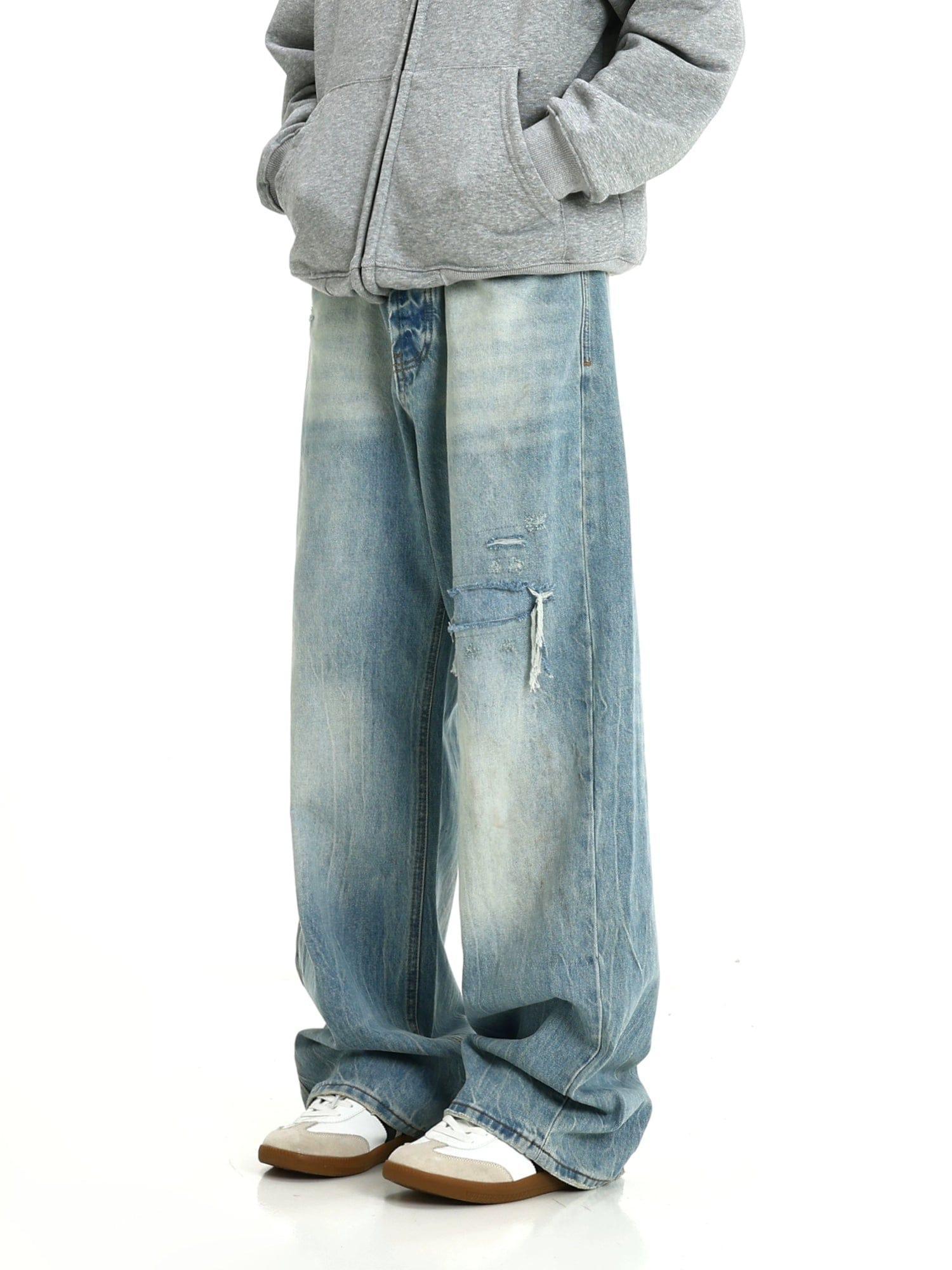 RT No. 10366 BLUE DISTRESSED WIDE STRAIGHT DENIM JEANS Product Image