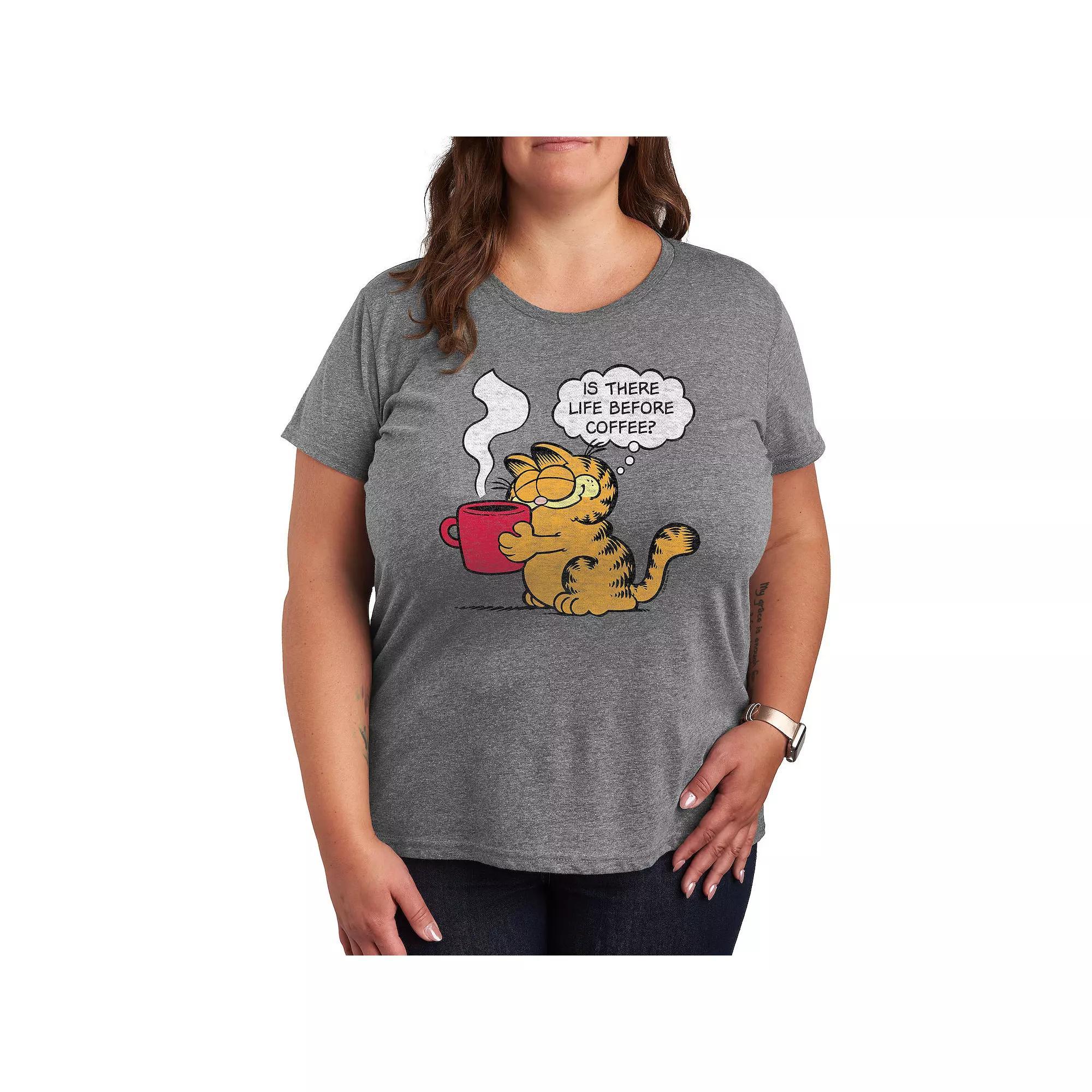 Plus Garfield Life Before Coffee Graphic Tee, Womens Grey Gray Product Image